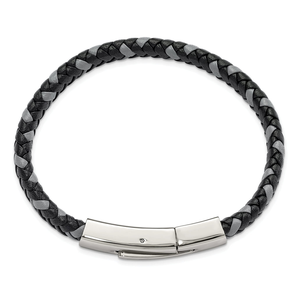 Stainless Steel Polished Black and Grey Braided Leather Bracelet