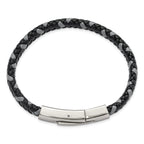 Stainless Steel Polished Black and Grey Braided Leather Bracelet
