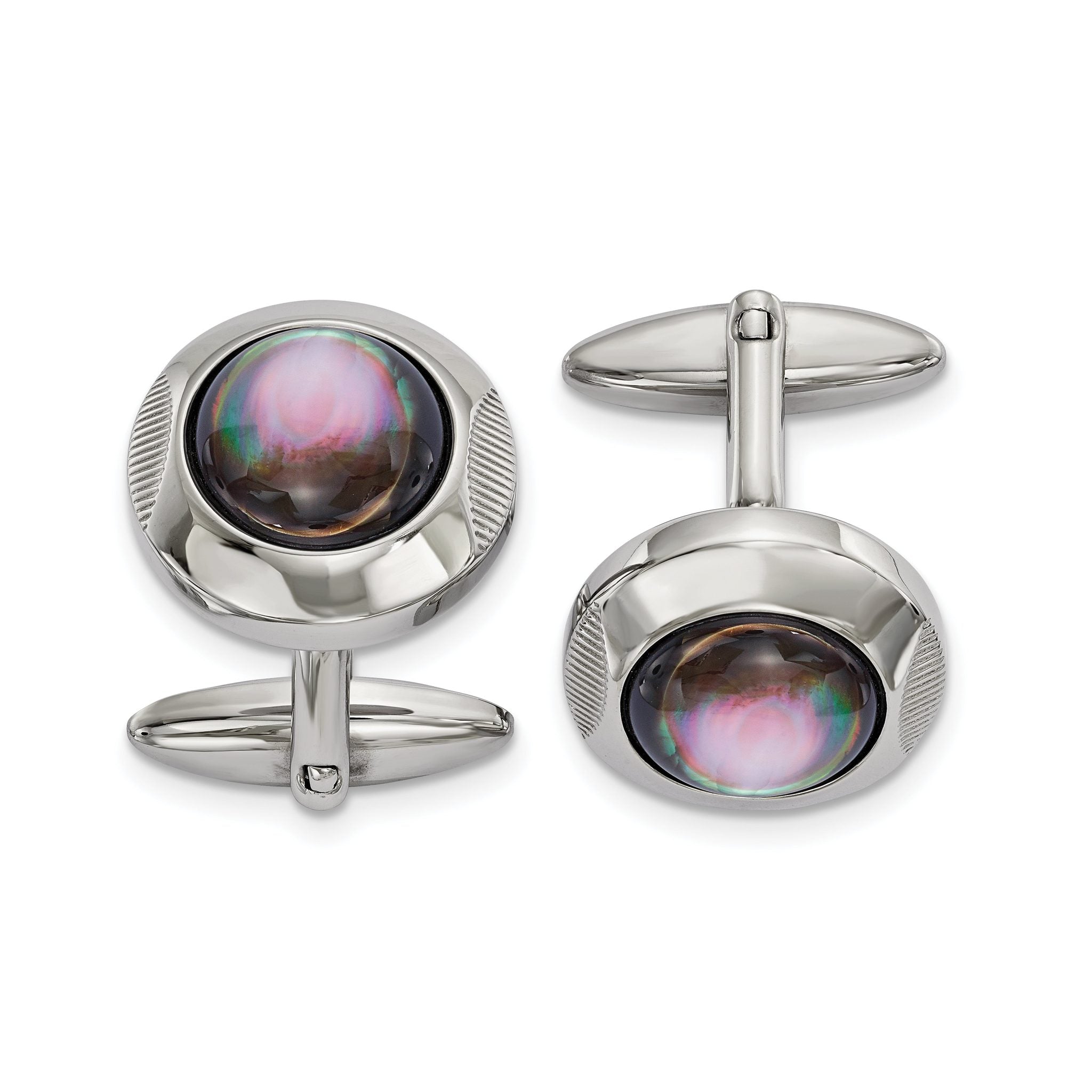 Black Mother of Pearl Circle Cufflinks in Stainless Steel Main image