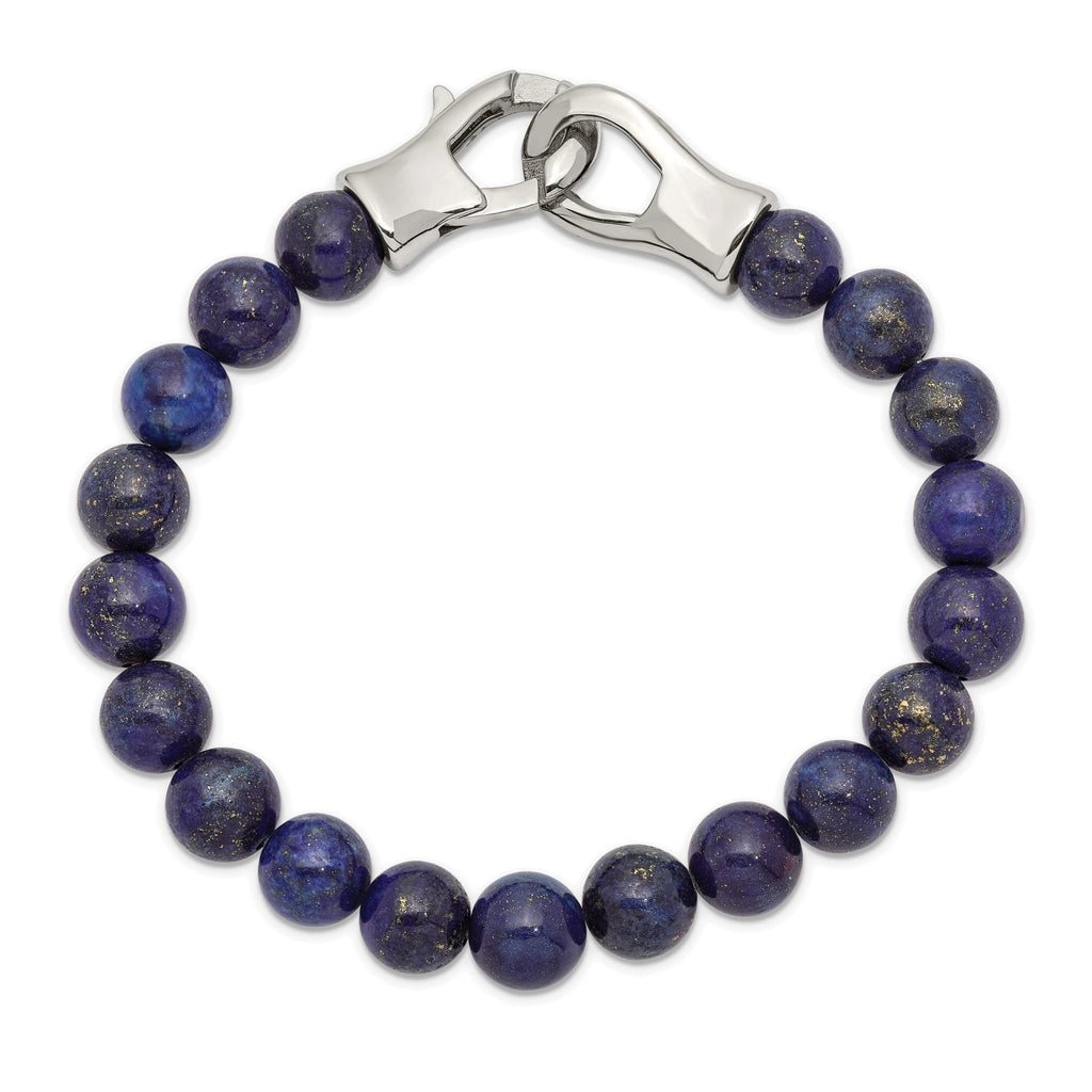 Stainless Steel Polished Genuine Lapis Beaded Bracelet for Men