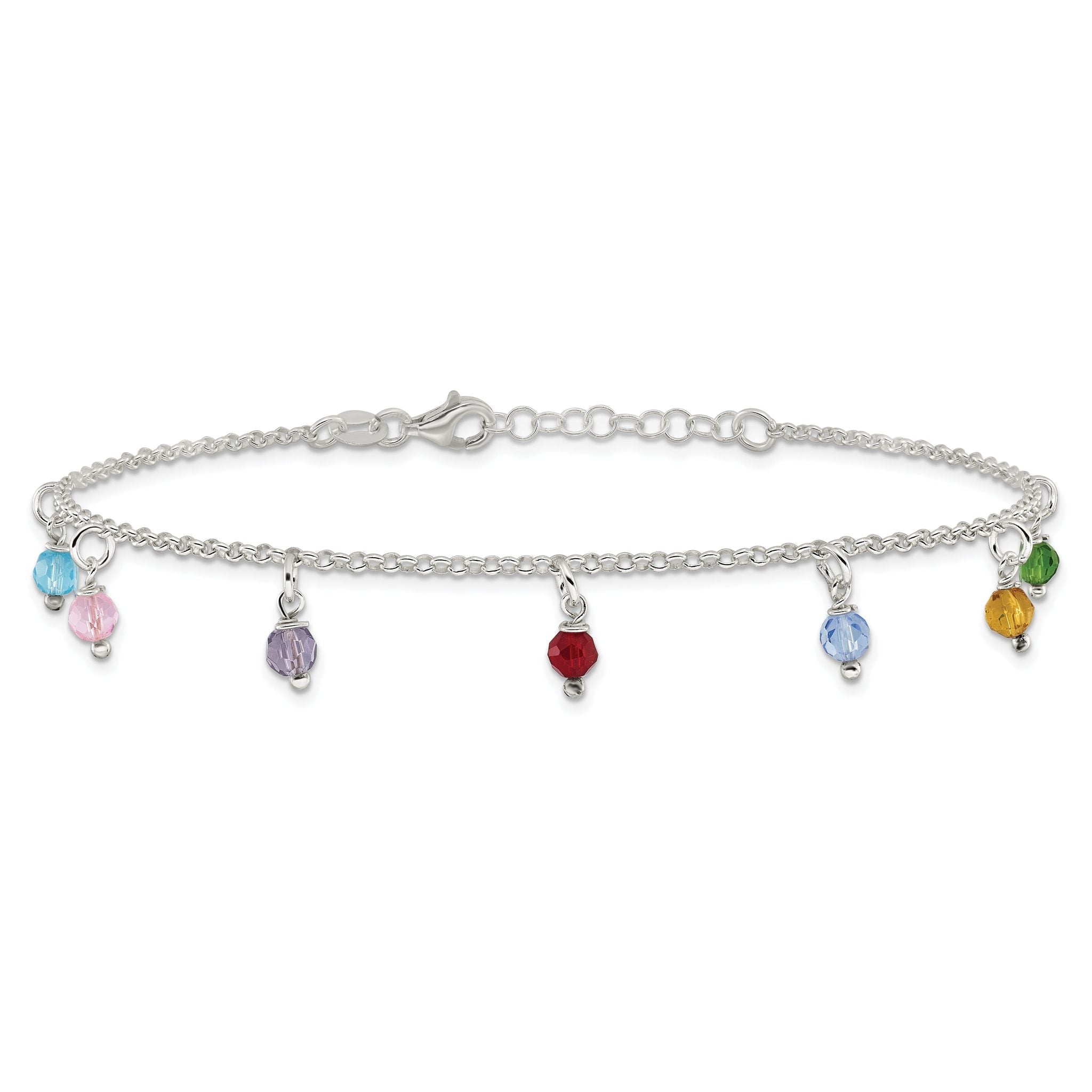 Sterling Silver Multi-colored Beads 9 inch Plus 1 inch Extender - Total 10 inch Anklet