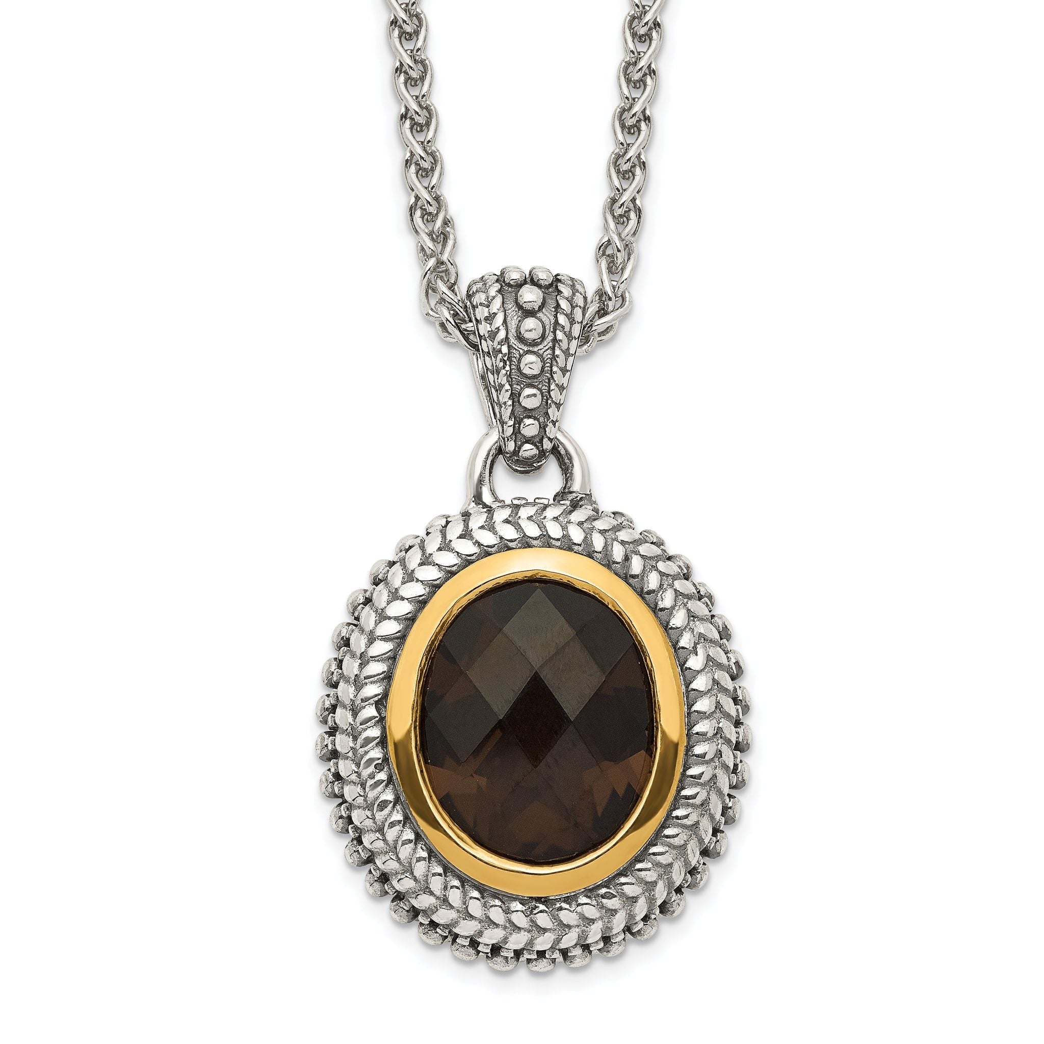 Shey Couture Sterling Silver with 14K Accent 18 Inch Antiqued Oval Bezel Smoky Quartz Necklace Main image