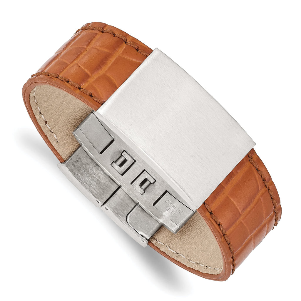 Stainless Steel Satin Textured Light Brown Leather ID Bracelet for Men