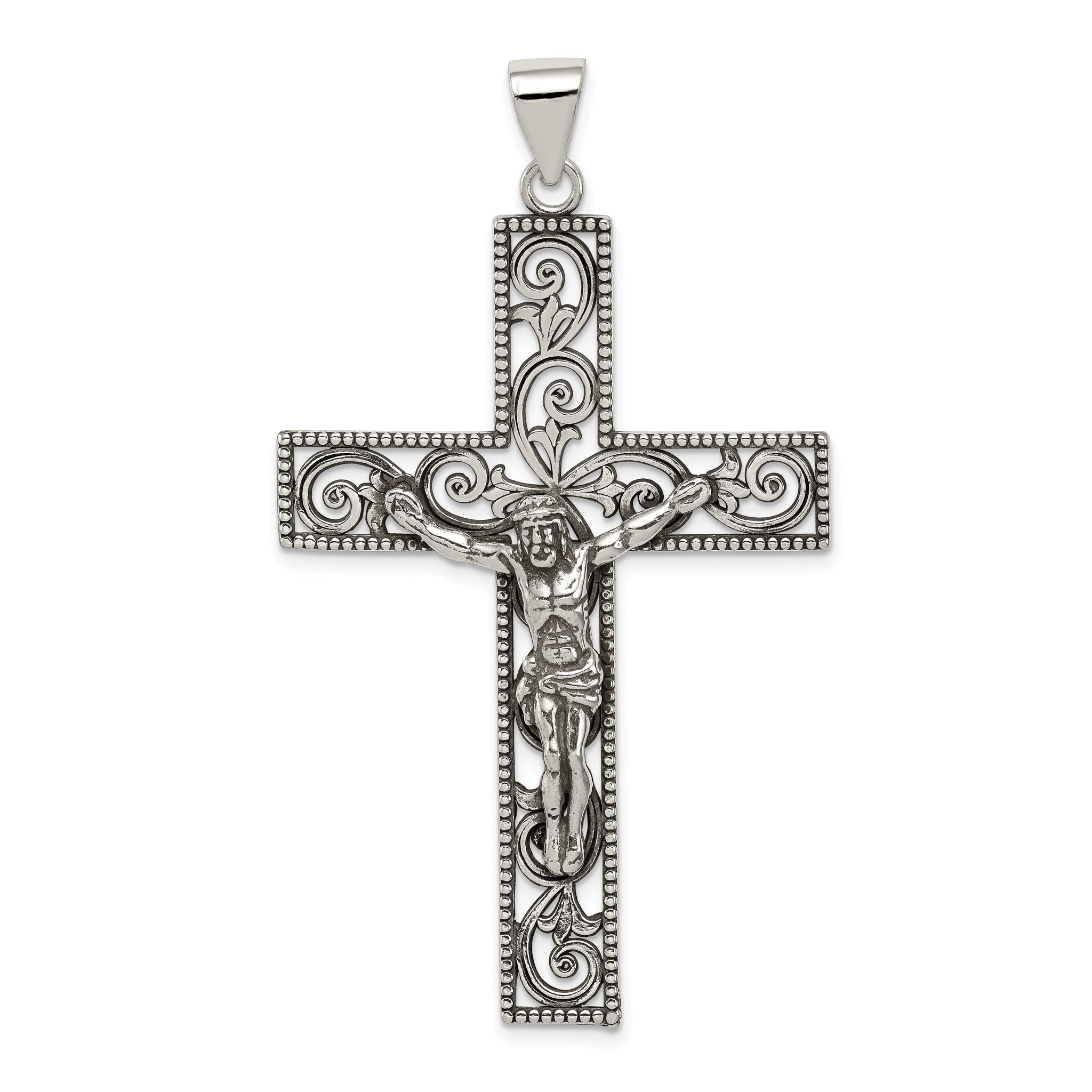 Sterling Silver Antiqued Beaded Filigree Crucifix Pendant Main image