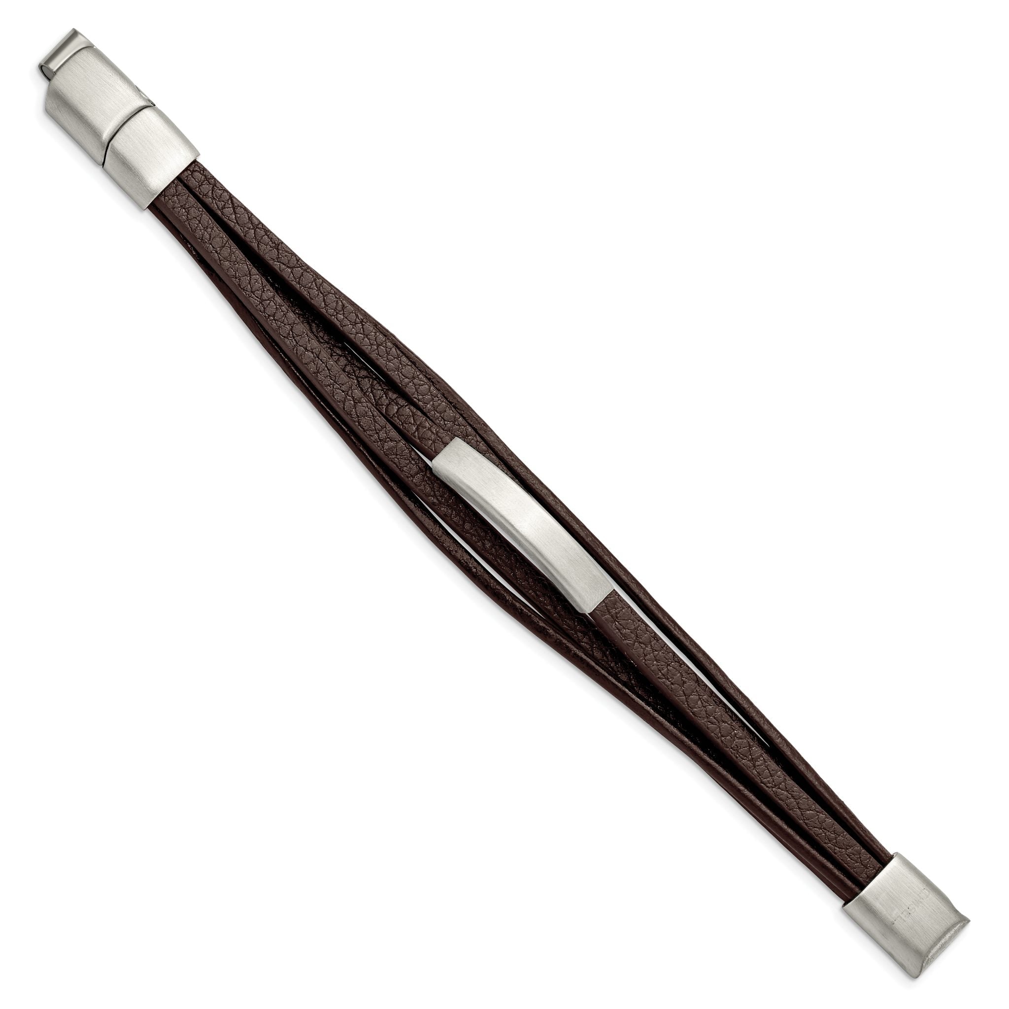 Stainless Steel Brushed Multi Strand Brown PU Leather ID Bracelet with . Extension Secondary image
