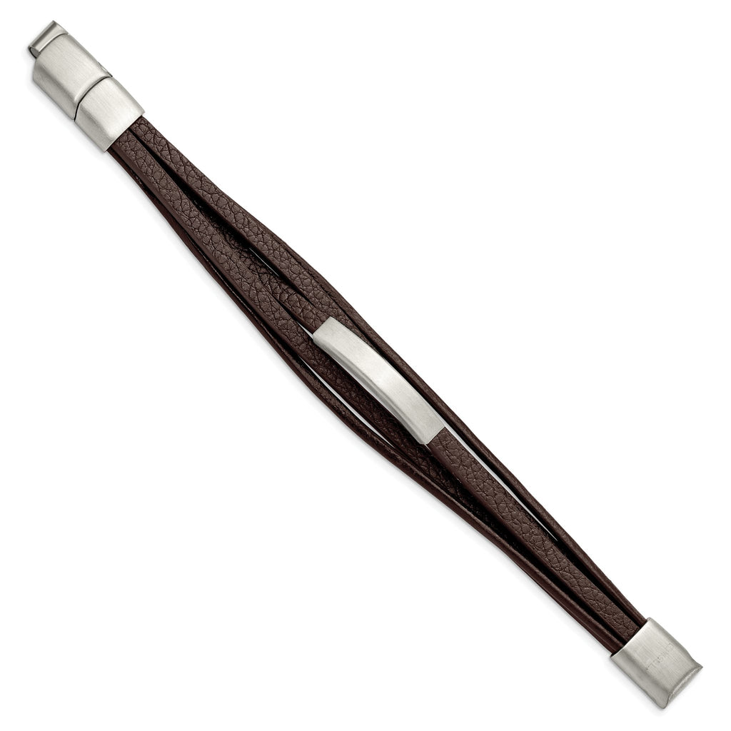Stainless Steel Brushed Multi Strand Brown PU Leather ID Bracelet with . Extension