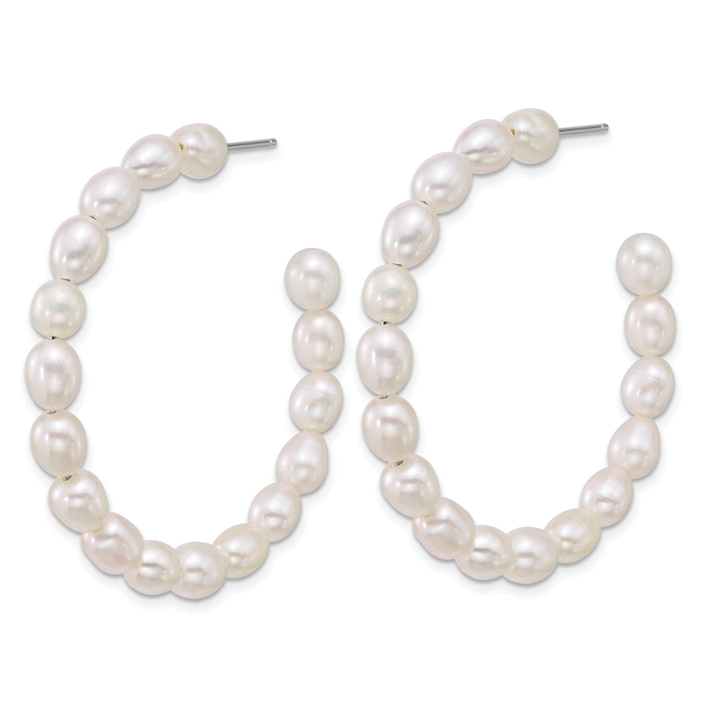 Sterling Silver Rhodium-plated 5-6mm Rice White Freshwater Cultured Pearl C-Hoop Post Earrings