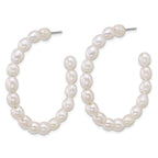 Sterling Silver Rhodium-plated 5-6mm Rice White Freshwater Cultured Pearl C-Hoop Post Earrings
