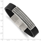 Stainless Steel Antiqued and Polished Black Leather Bracelet with . Extension