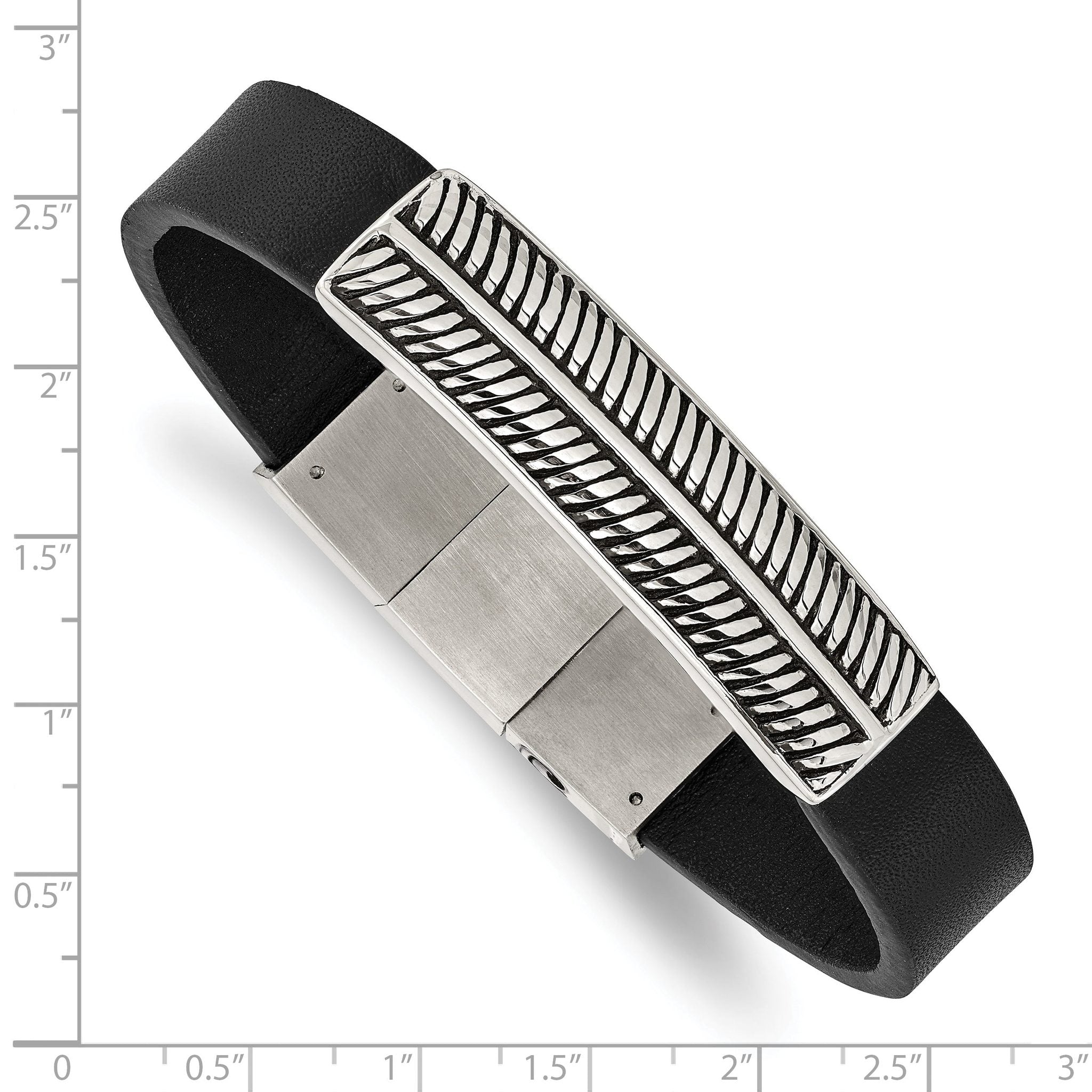 Stainless Steel Antiqued and Polished Black Leather Bracelet with . Extension