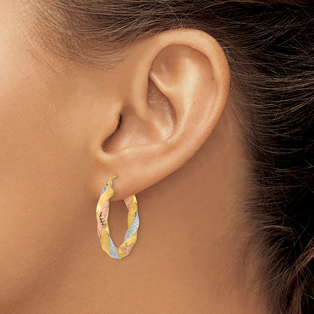 14k Tri-color Polished & D/C Twist Hoop Earrings