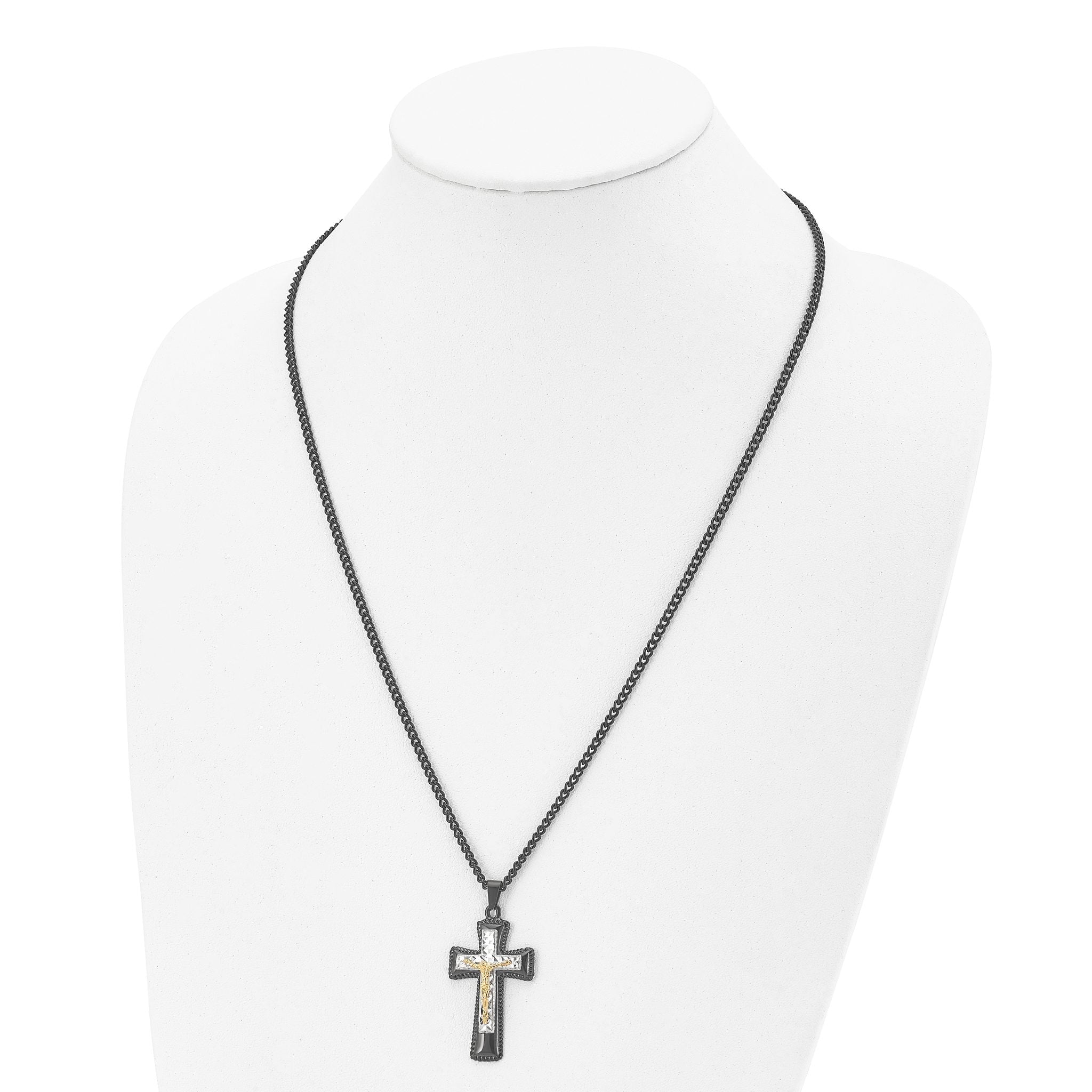 Chisel Stainless Steel Polished Black IP-plated, Gold-plated and Silver-Plated Brass Crucifix on a 24 inch Curb Chain Necklace