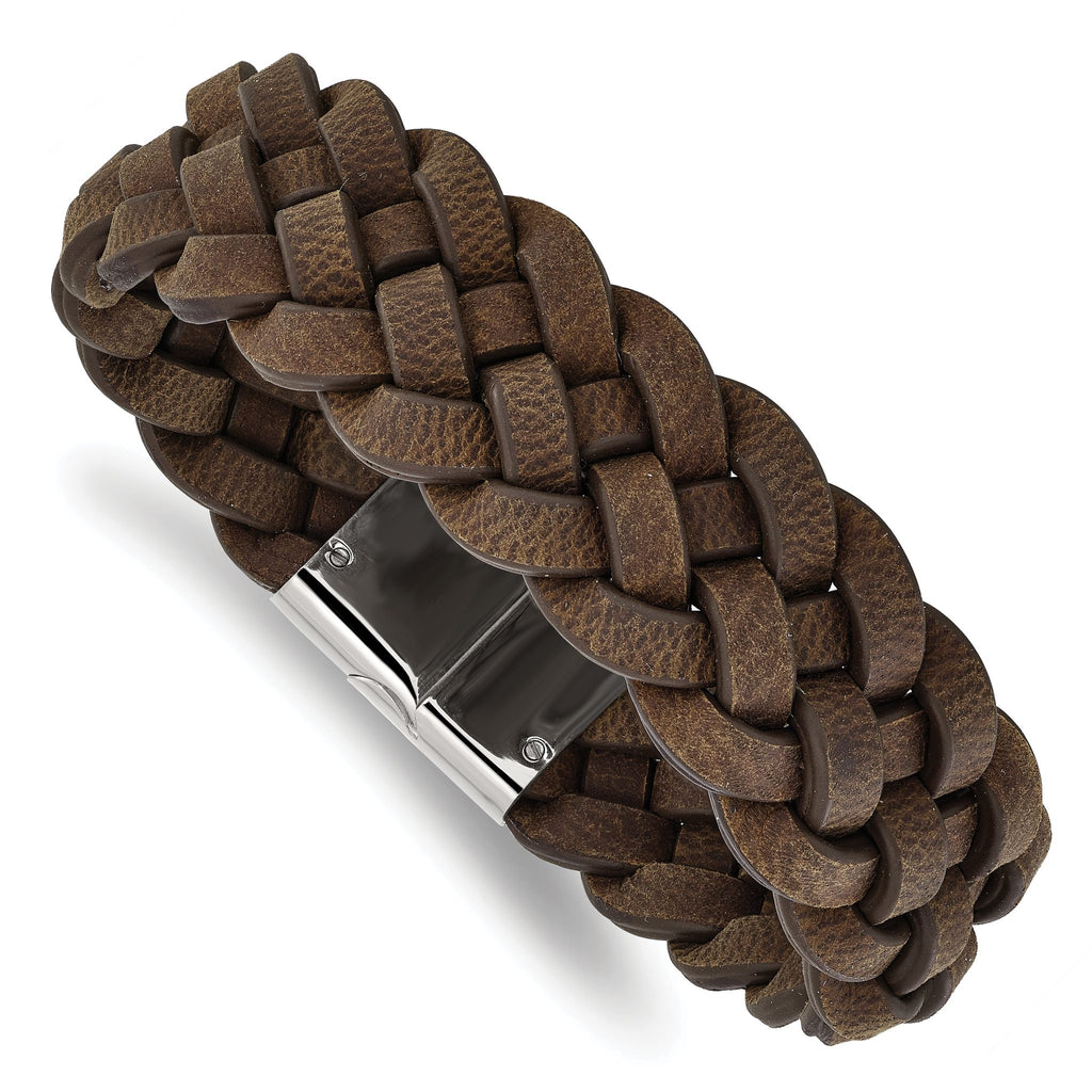 Stainless Steel Polished Brown Braided Leather Bracelet for Men