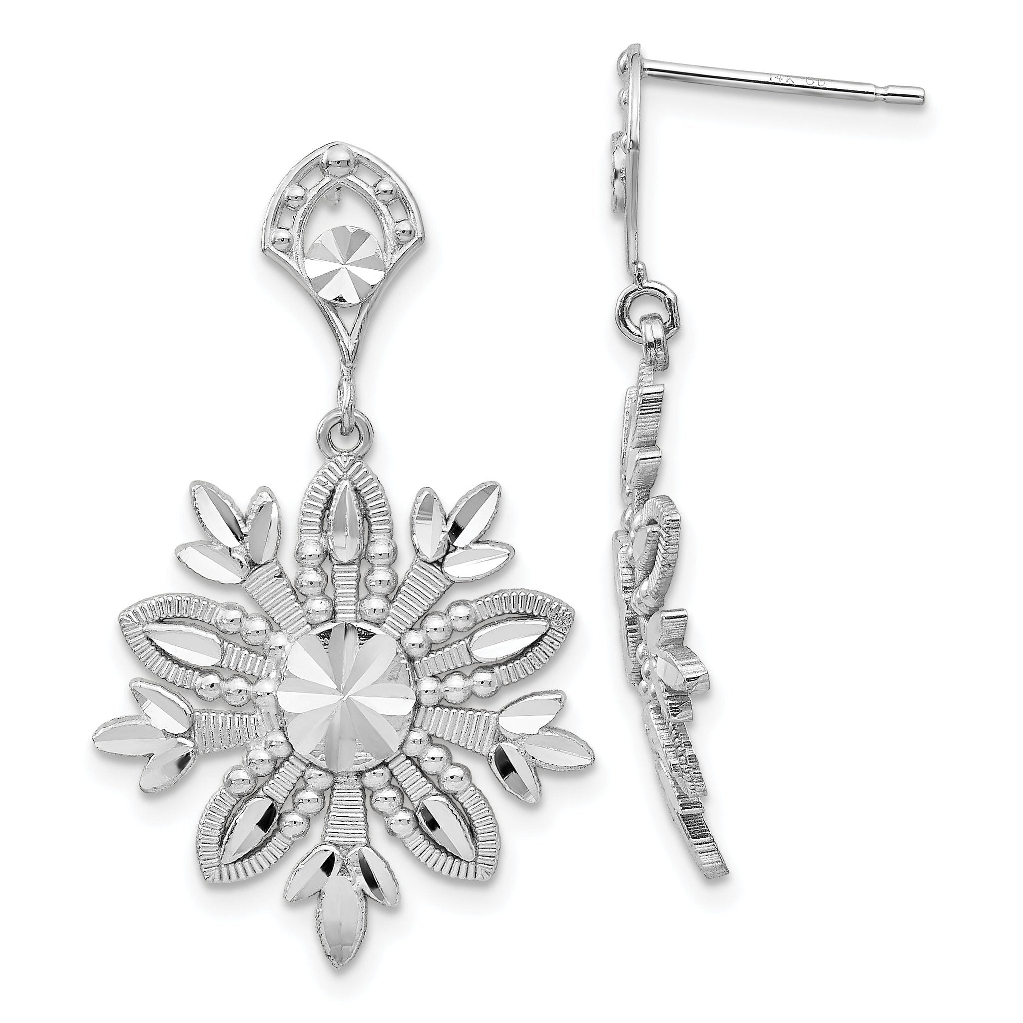 14k White Gold Fancy Snowflake Dangle Earrings Main image