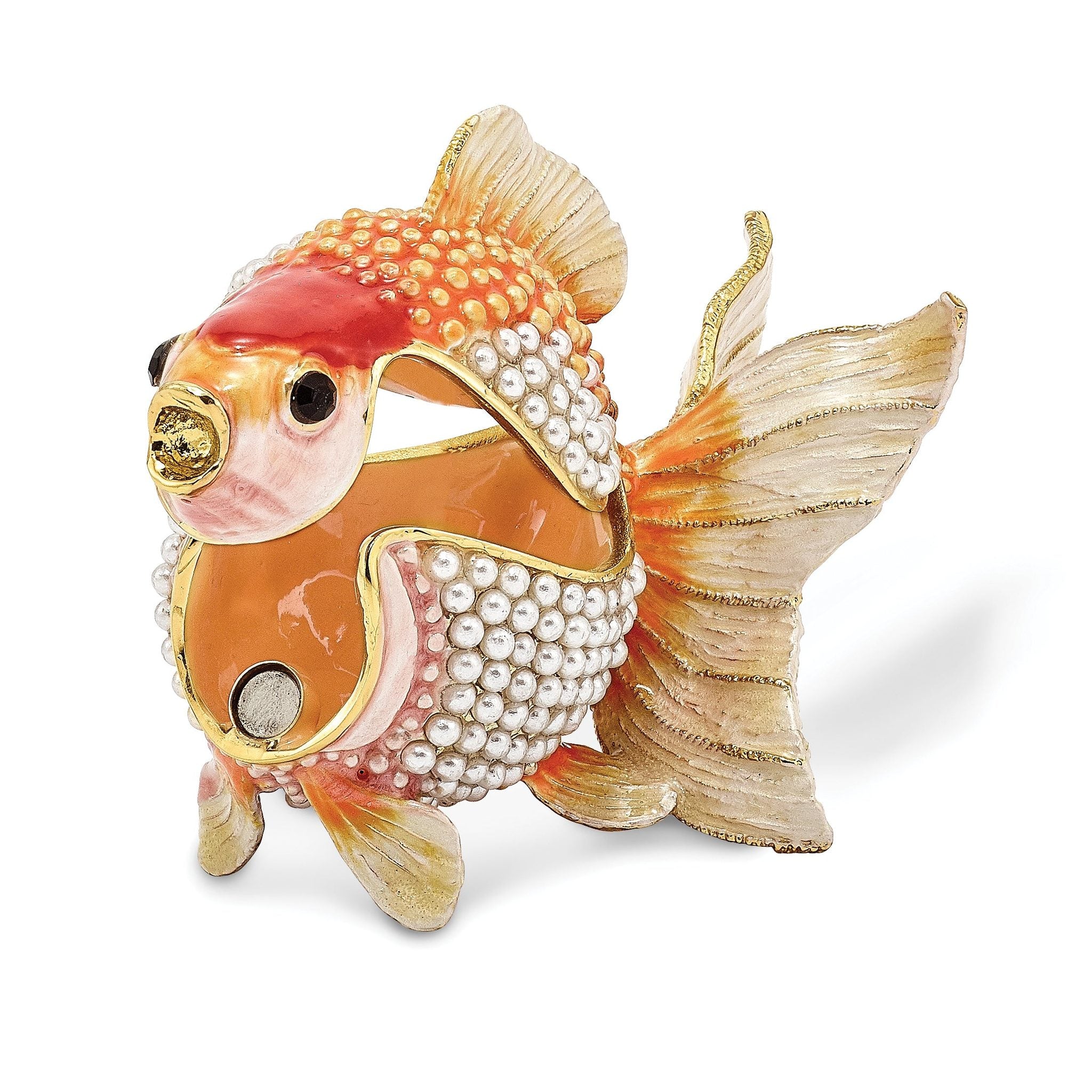 Luxury Giftware Pewter Bejeweled Imitation Pearls and Crystals Gold-tone Enameled KATIE Kissing Fish Trinket Box with Matching 18 Inch Necklace Secondary image