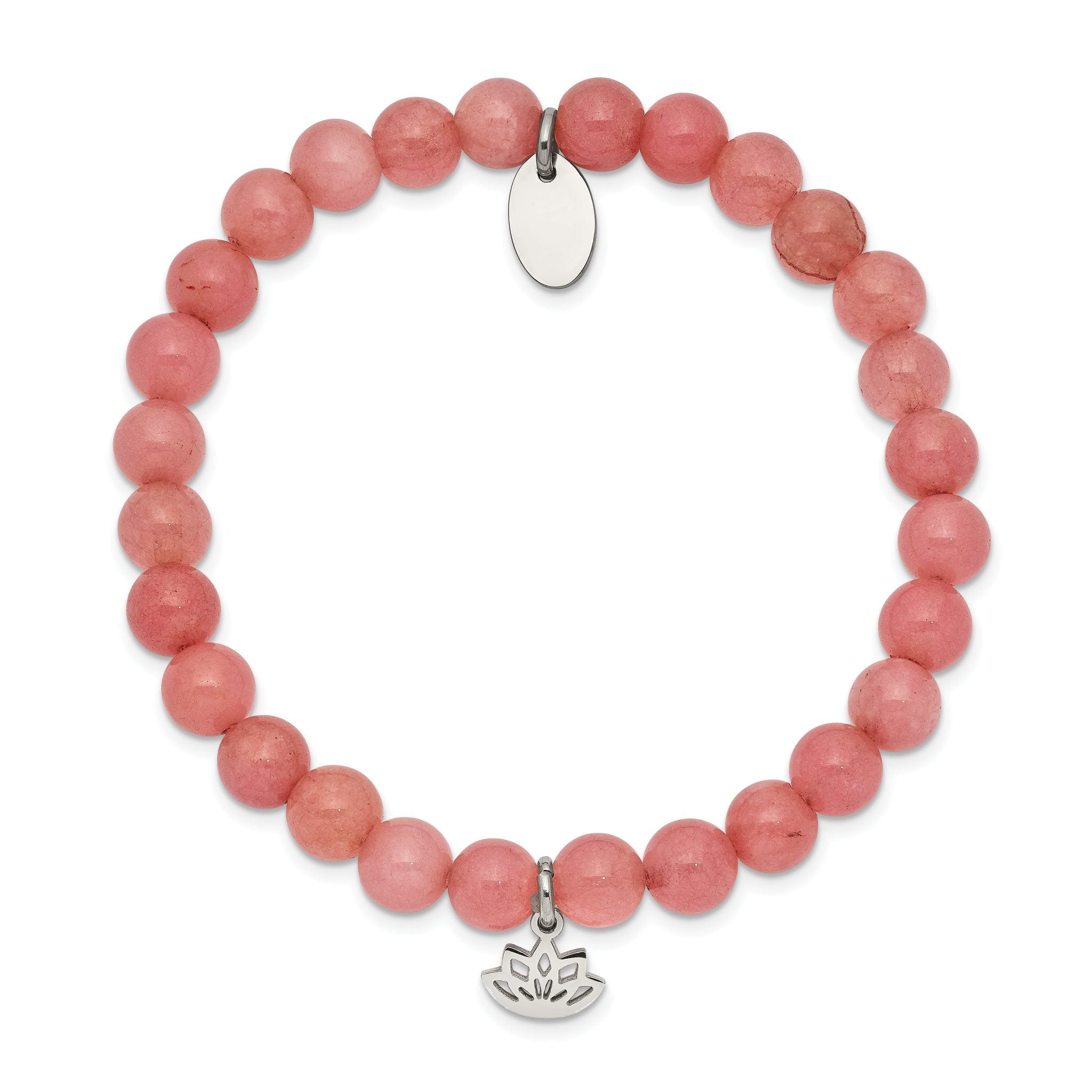 Stainless Steel Polished Lotus 6mm Pink Jade Beaded Stretch Bracelet for Women