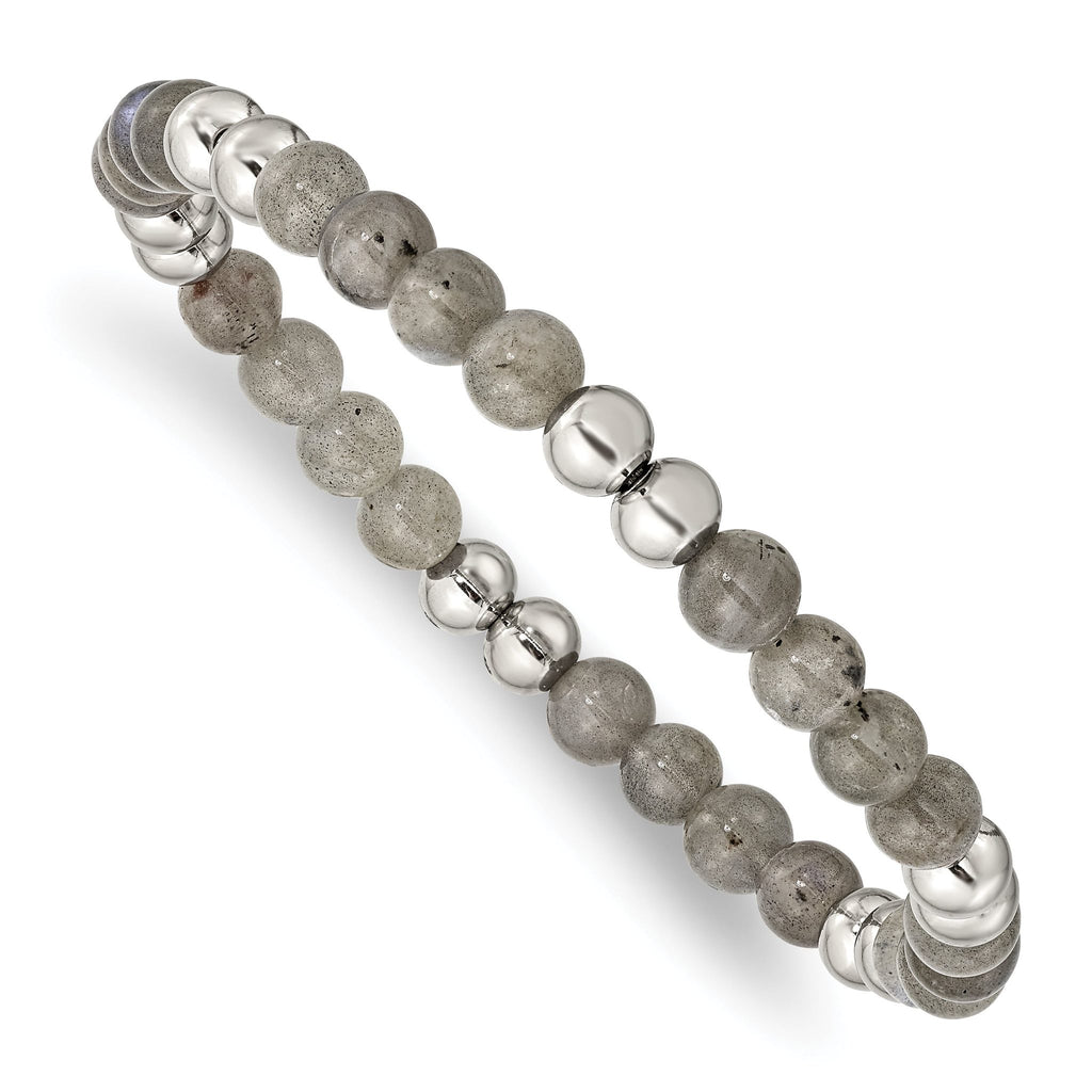 Stainless Steel 6mm Polished Grey Quartz Beaded Stretch Bracelet