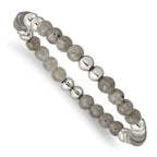Stainless Steel 6mm Polished Grey Quartz Beaded Stretch Bracelet