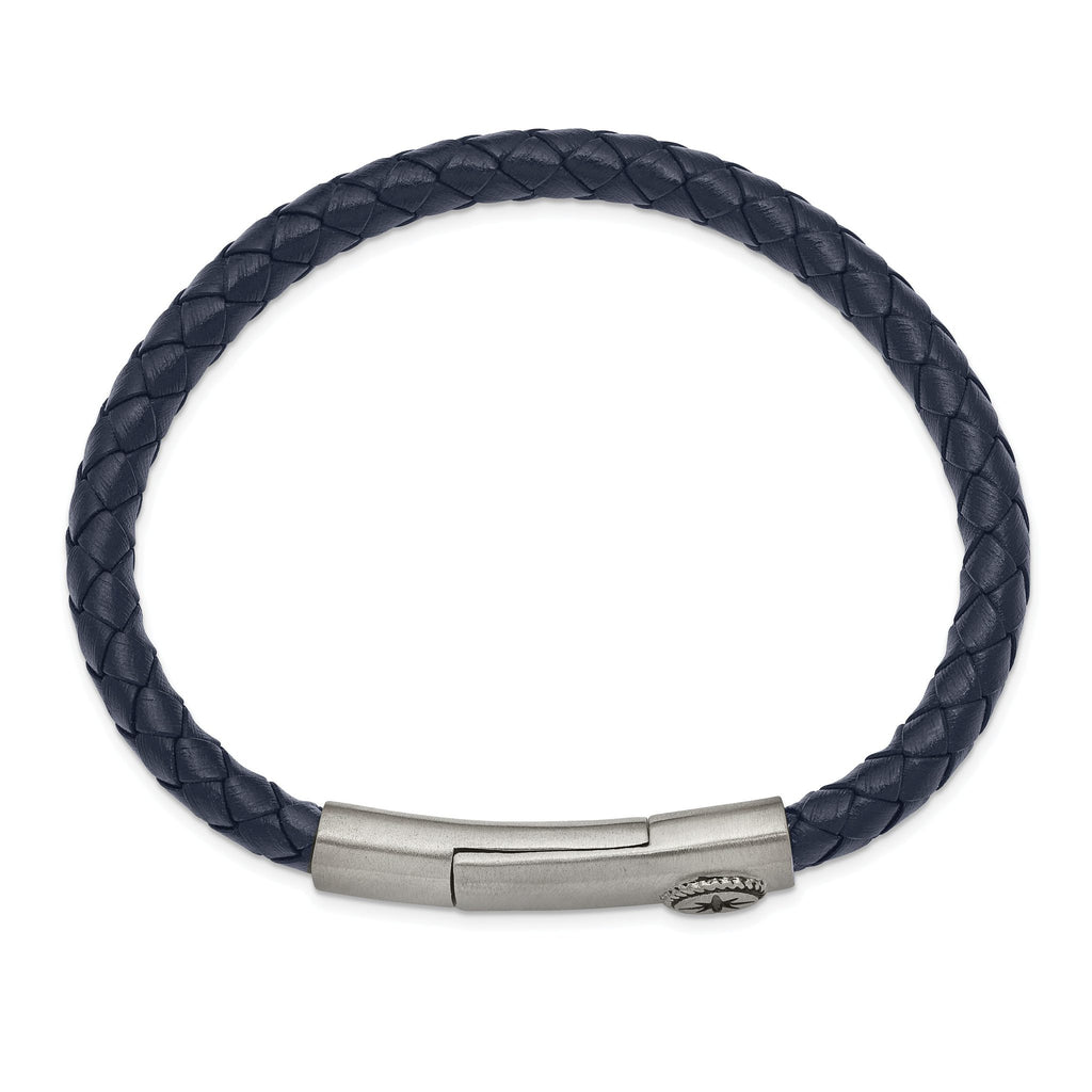 Stainless Steel Antiqued and Brushed Compass Navy Blue Braided Leather Bracelet for Men