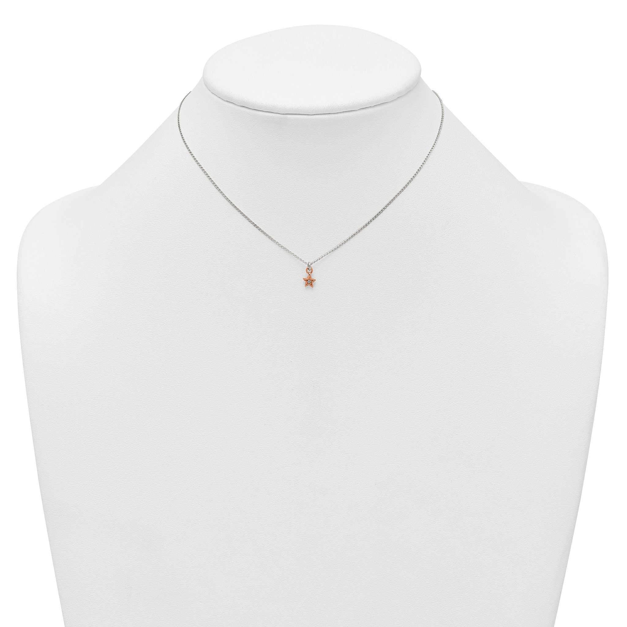 Sterling Silver Rose-tone White CZ Star Childrens 14 inch Necklace and Post Earrings Set