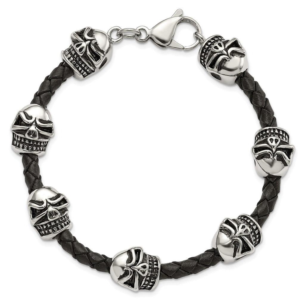 Stainless Steel Antiqued and Polished Skull Beads Black Braided Leather Bracelet for Men