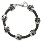 Stainless Steel Antiqued and Polished Skull Beads Black Braided Leather Bracelet for Men