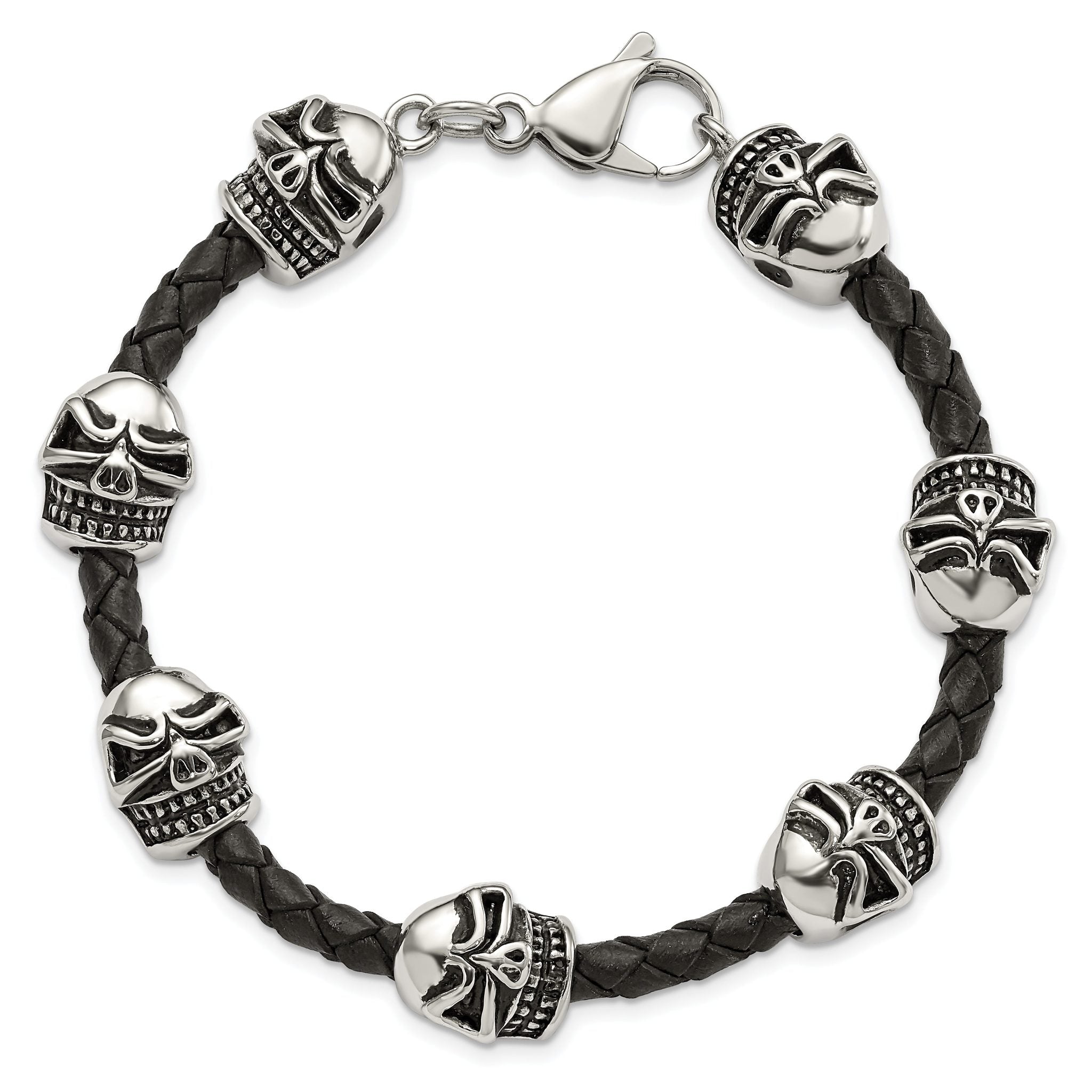 Stainless Steel Antiqued and Polished Skull Beads Black Braided Leather Bracelet for Men