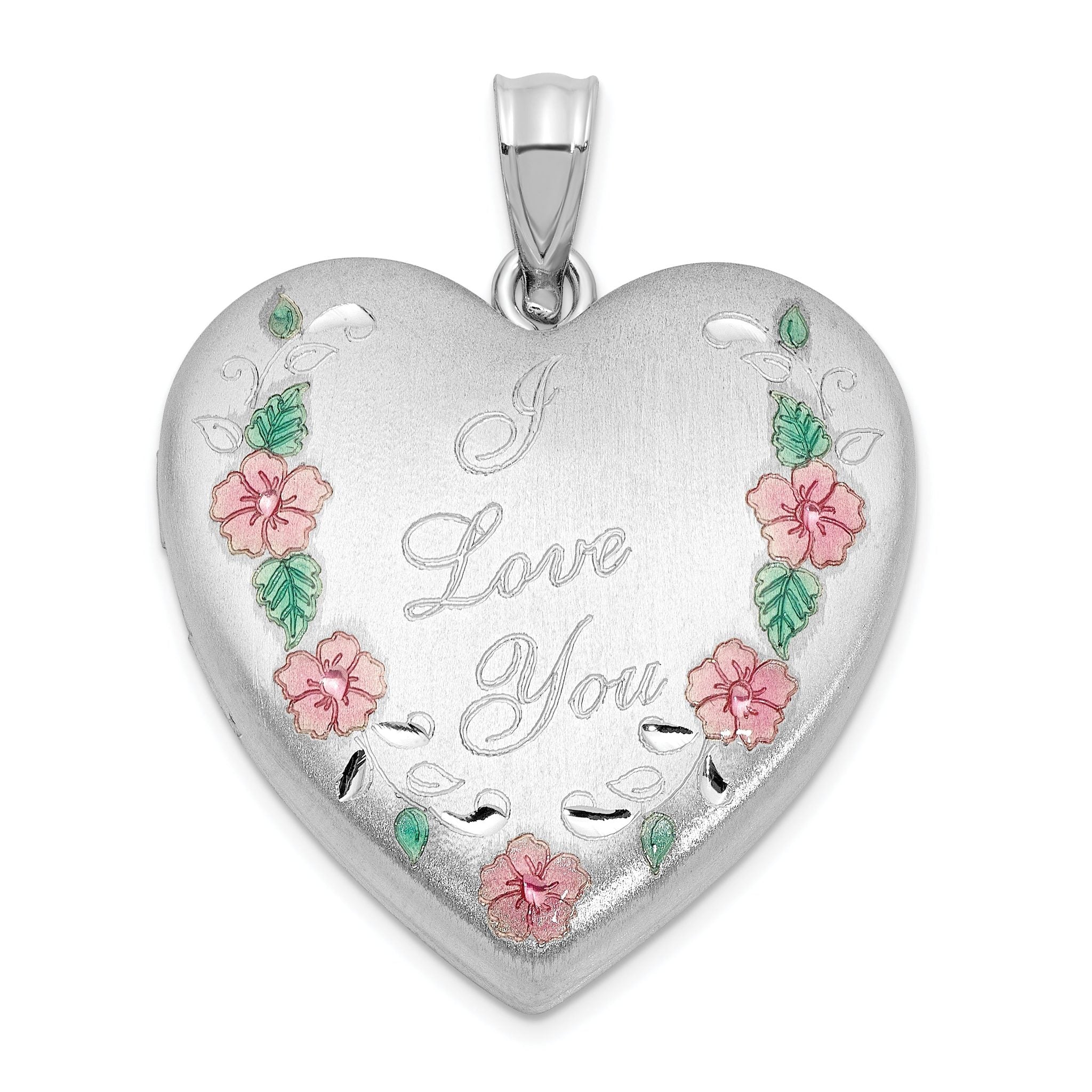 Sterling Silver Rh-plated Satin Epoxy I Love You Floral 24mm Heart Locket Main image