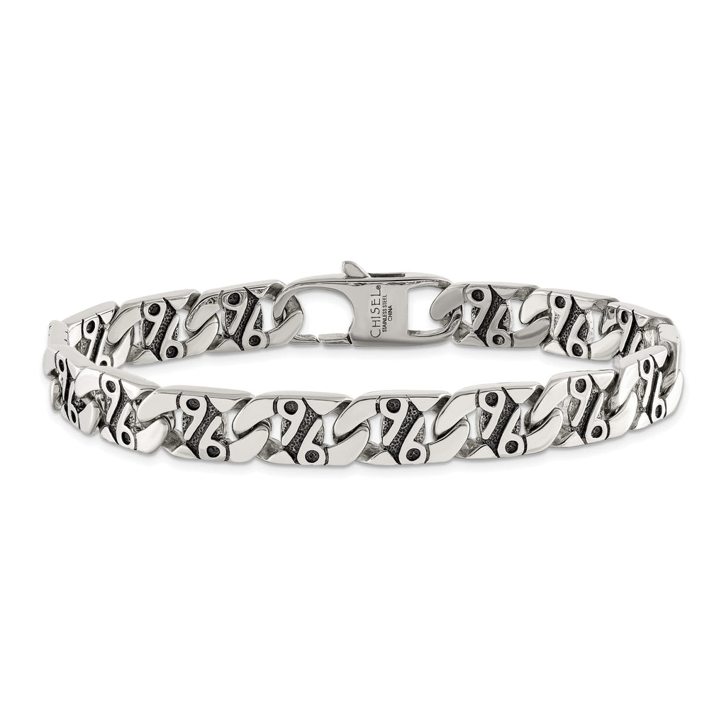 Stainless Steel Antiqued Polished and Textured Fancy Link Bracelet for Men
