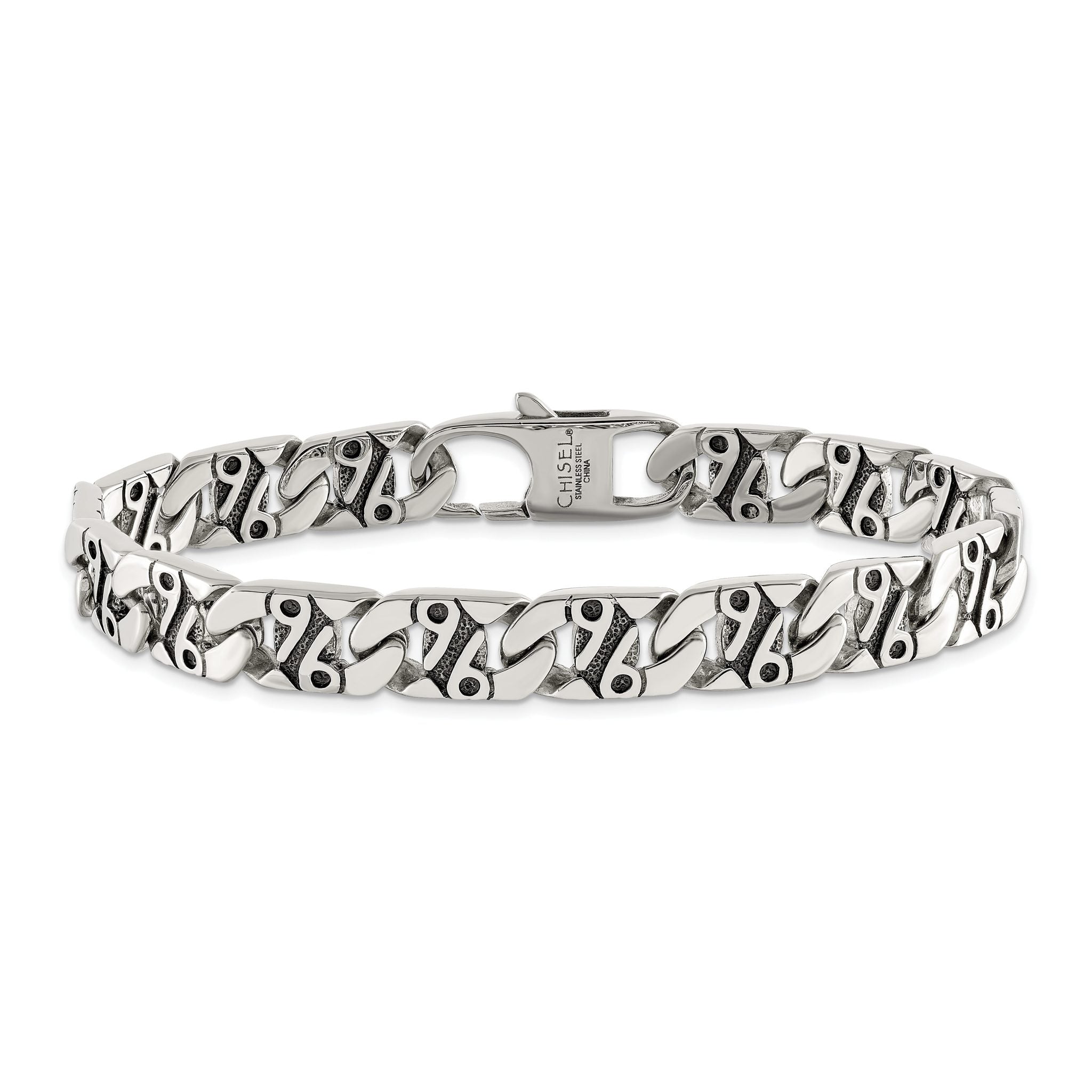 Stainless Steel Antiqued Polished and Textured Fancy Link Bracelet for Men