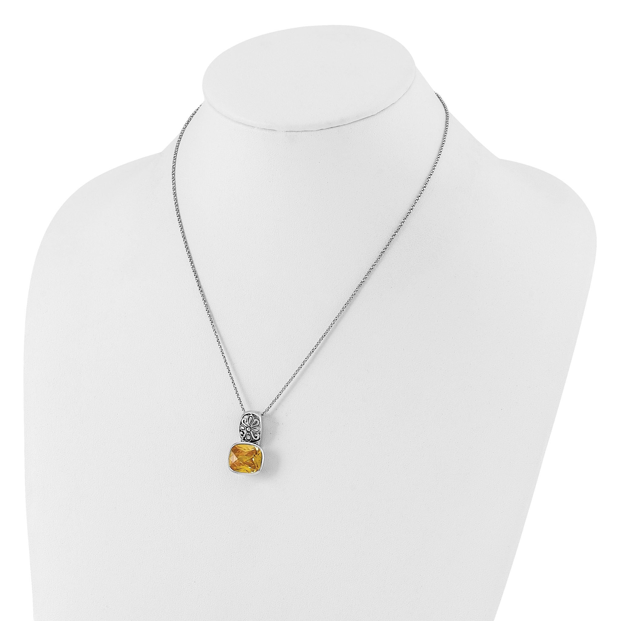 Sterling Silver Polished & Antiqued Yellow CZ Necklace Secondary image