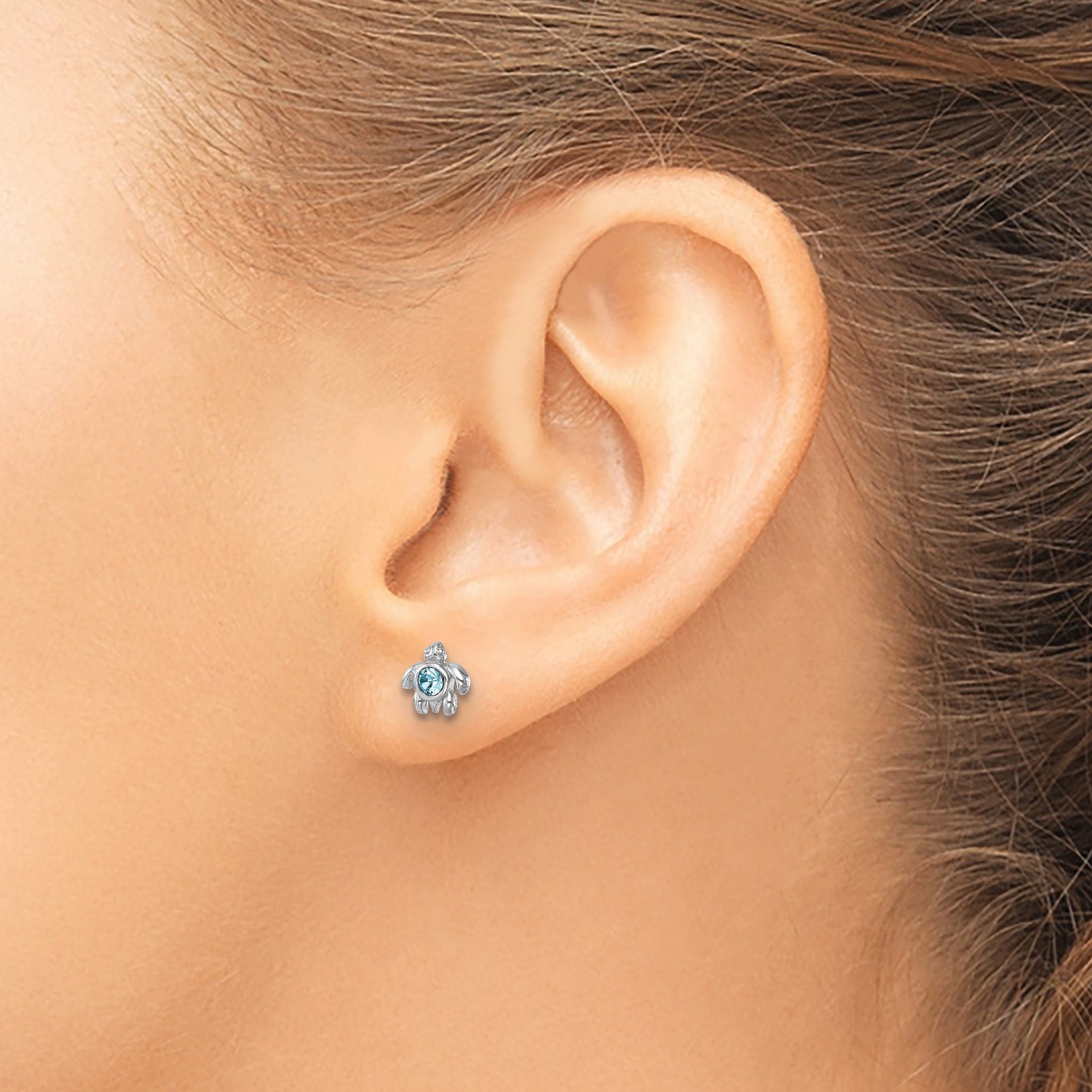 Tiny Turtle Stud Earrings in Sterling Silver with Blue Crystal