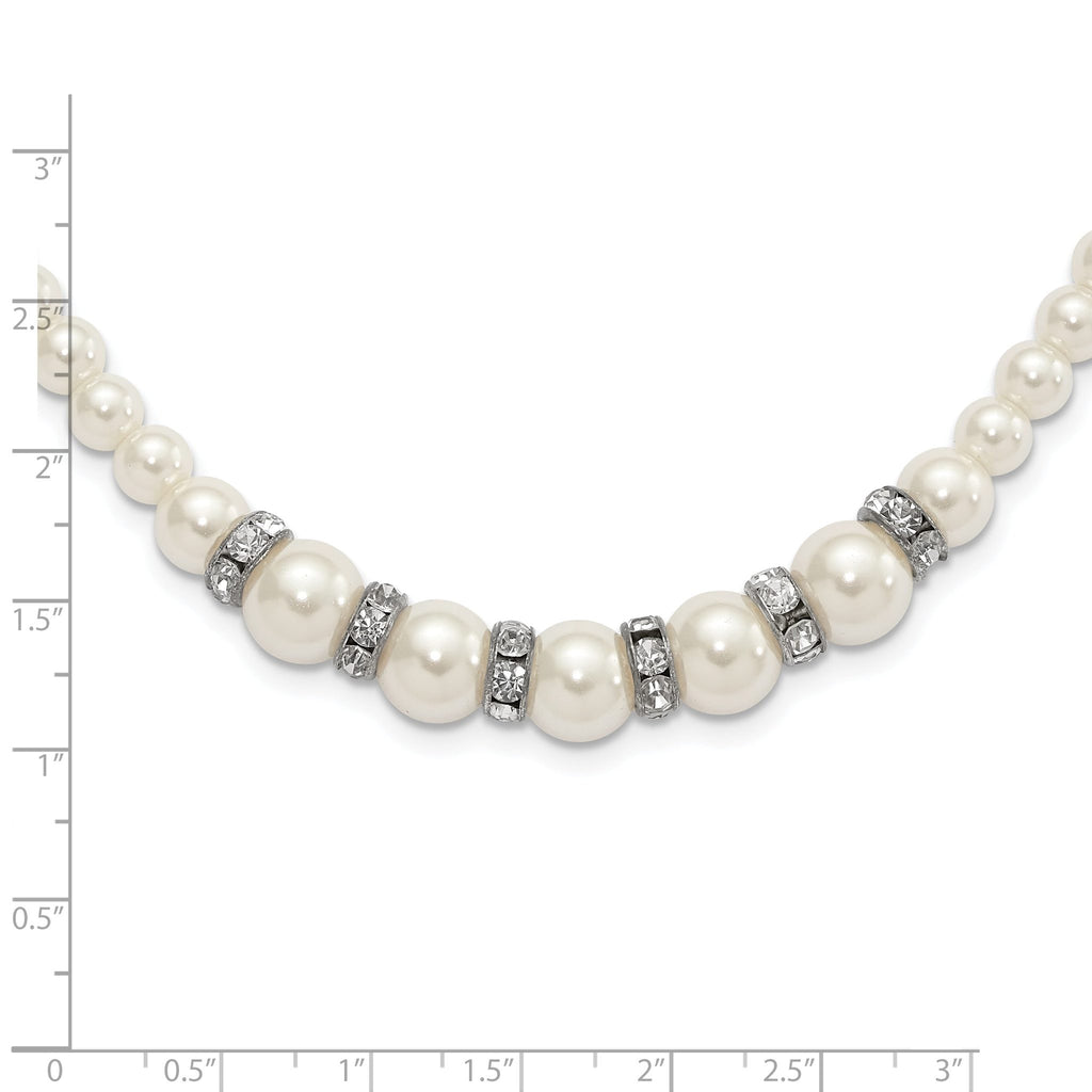 1928 Silver-tone Clear Crystal and Simulated Pearl 15in With  3in ext Necklace