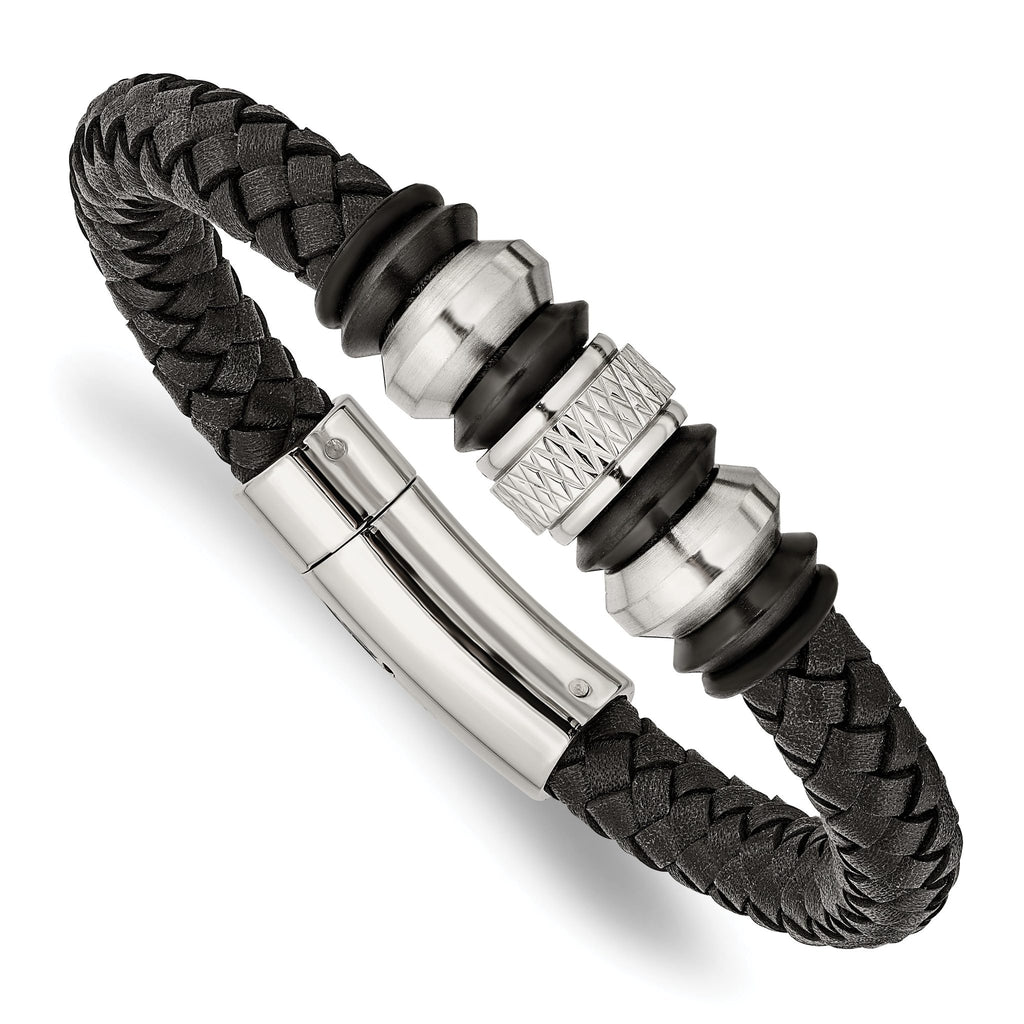 Stainless Steel Brushed Polished and Textured Black IP-plated Black Braided Leather and Rubber Bracelet for Men