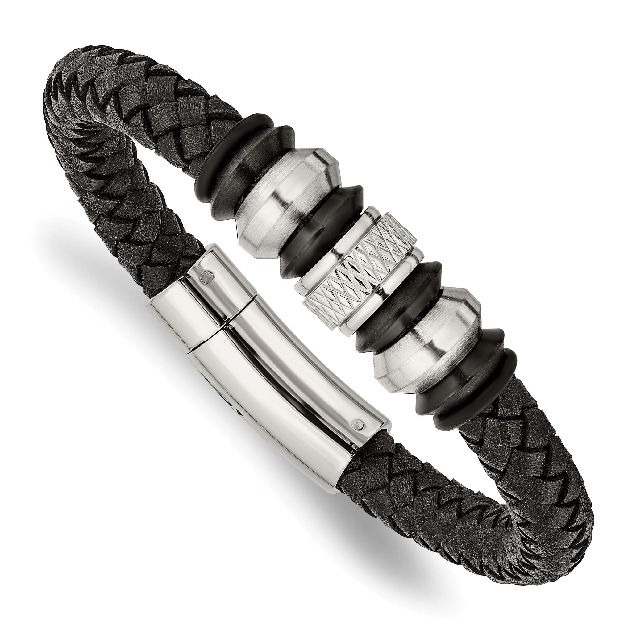 Stainless Steel Brushed Polished and Textured Black IP-plated Black Braided Leather and Rubber Bracelet for Men