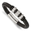 Stainless Steel Brushed Polished and Textured Black IP-plated Black Braided Leather and Rubber Bracelet for Men
