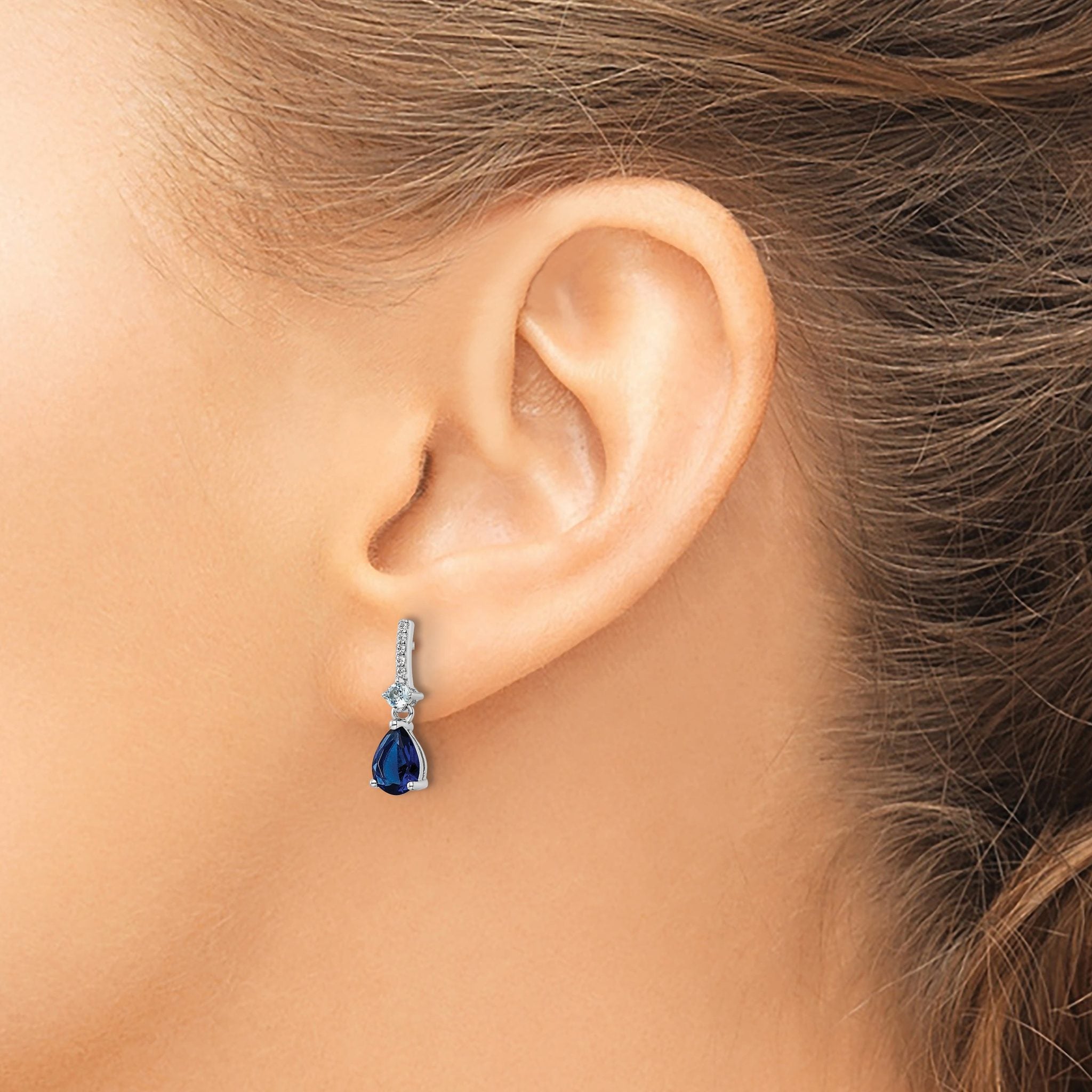Sterling Silver Rhodium-plated CZ and Blue Glass Post Dangle Earrings