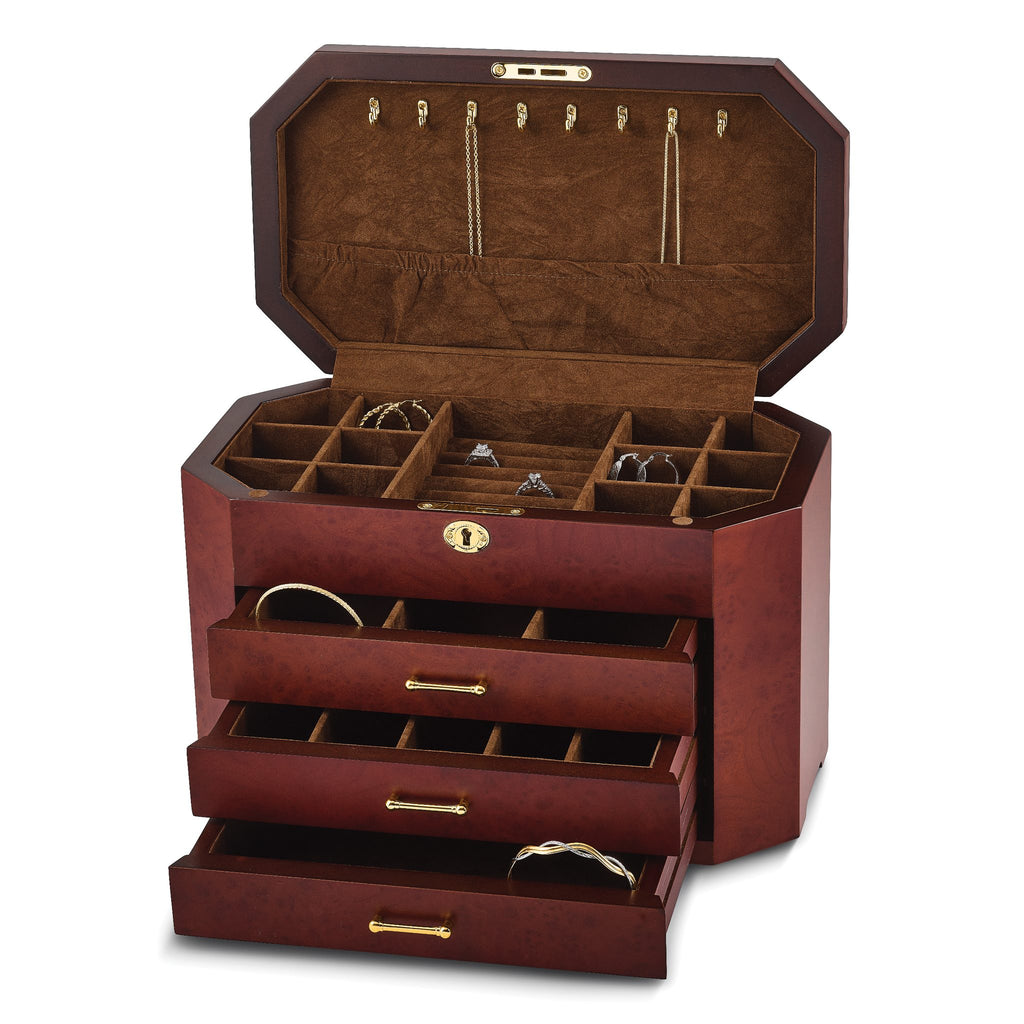 Luxury Giftware by Jere High GloSterling Silver Burlwood Veneer with Black Accents 3-drawer Locking Wooden Jewelry Box