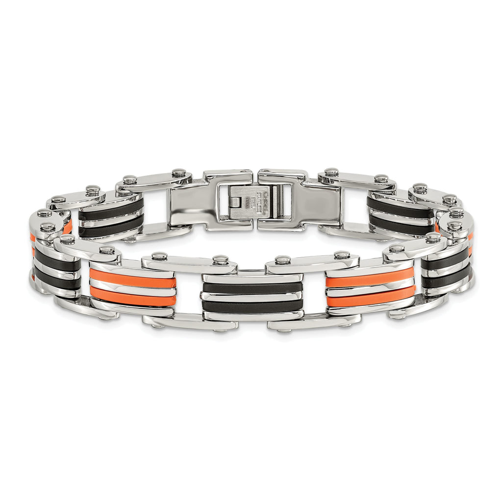 Stainless Steel Polished with Black and Orange Rubber Link Bracelet for Men