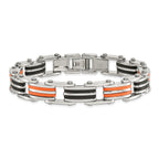 Stainless Steel Polished with Black and Orange Rubber Link Bracelet for Men