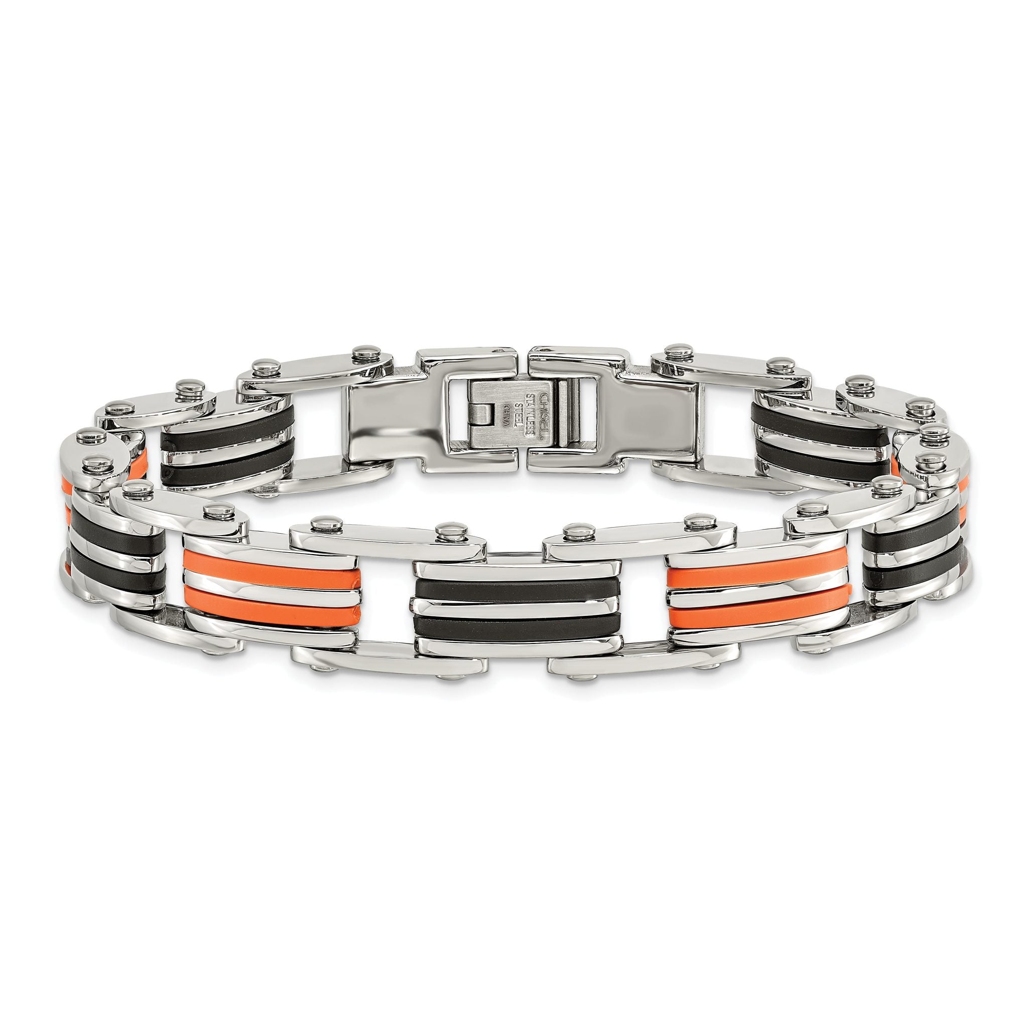 Stainless Steel Polished with Black and Orange Rubber Link Bracelet for Men
