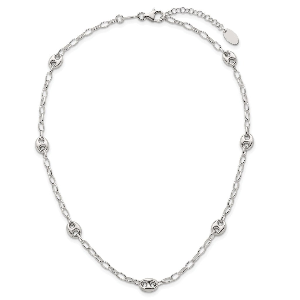 Sterling Silver Puffed Anchor/Mariner Link and Chain 7-Station 17 inch with 1.5 inch Extension Necklace