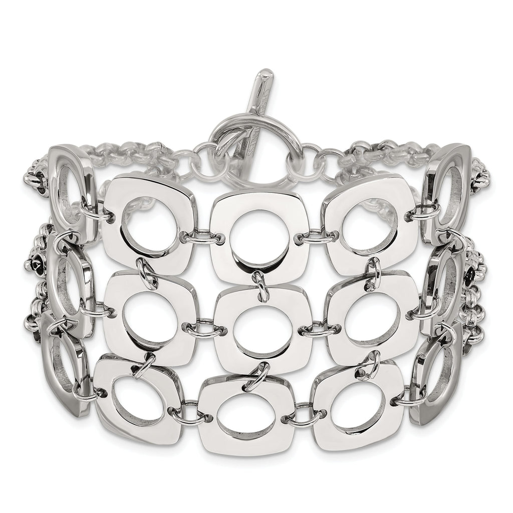 Stainless Steel Polished Fancy Three Strand Square Toggle Bracelet for Women