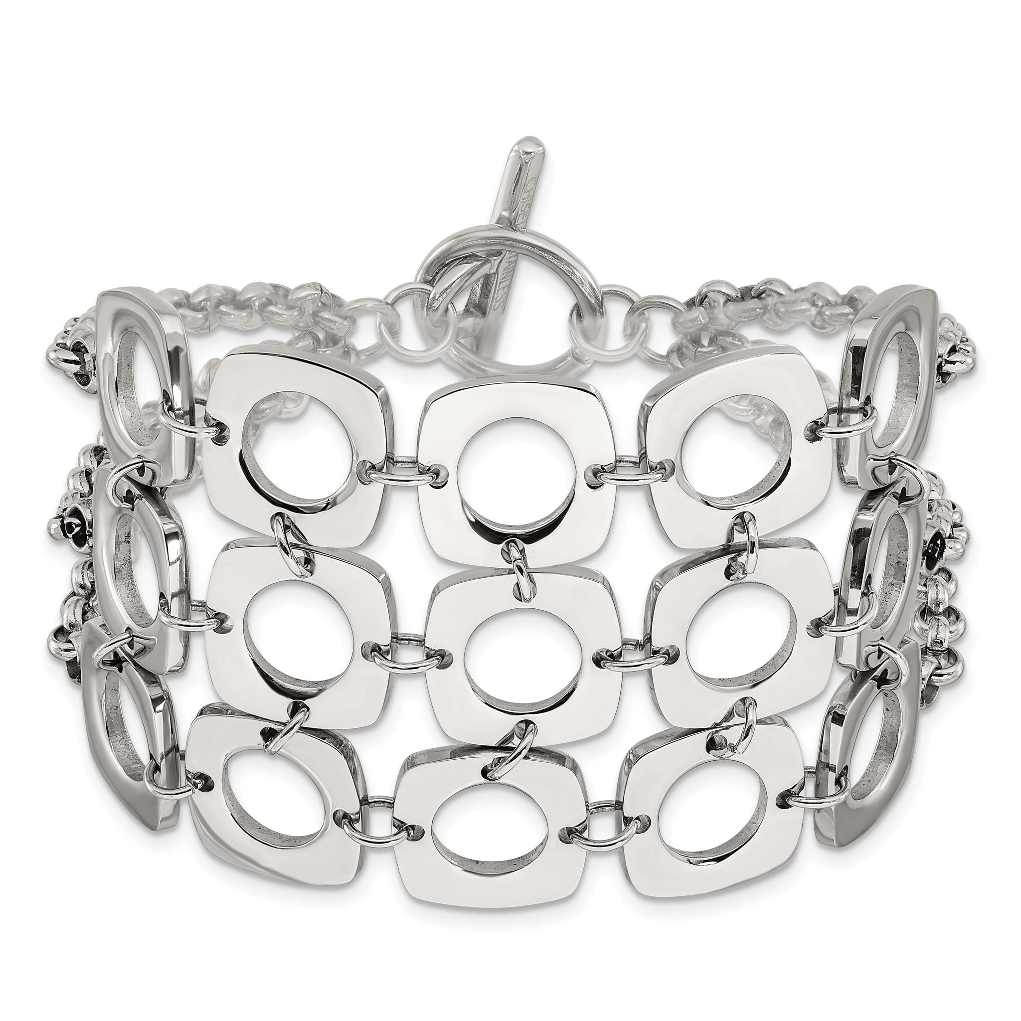 Stainless Steel Polished Fancy Three Strand Square Toggle Bracelet for Women