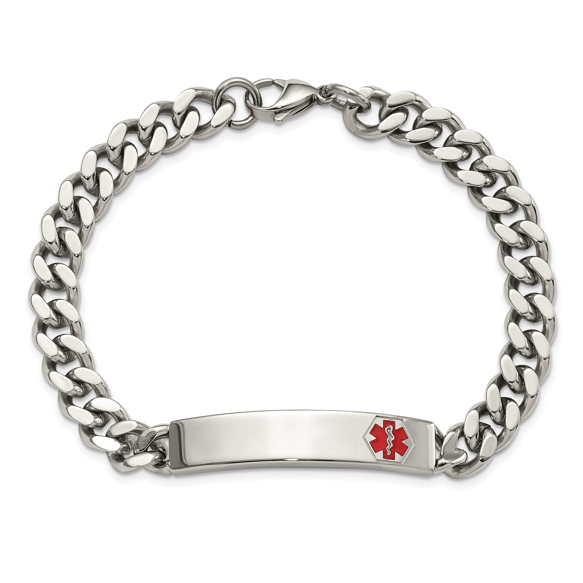 Stainless Steel Polished with Red Enamel Medical ID Curb Chain Bracelet for Men