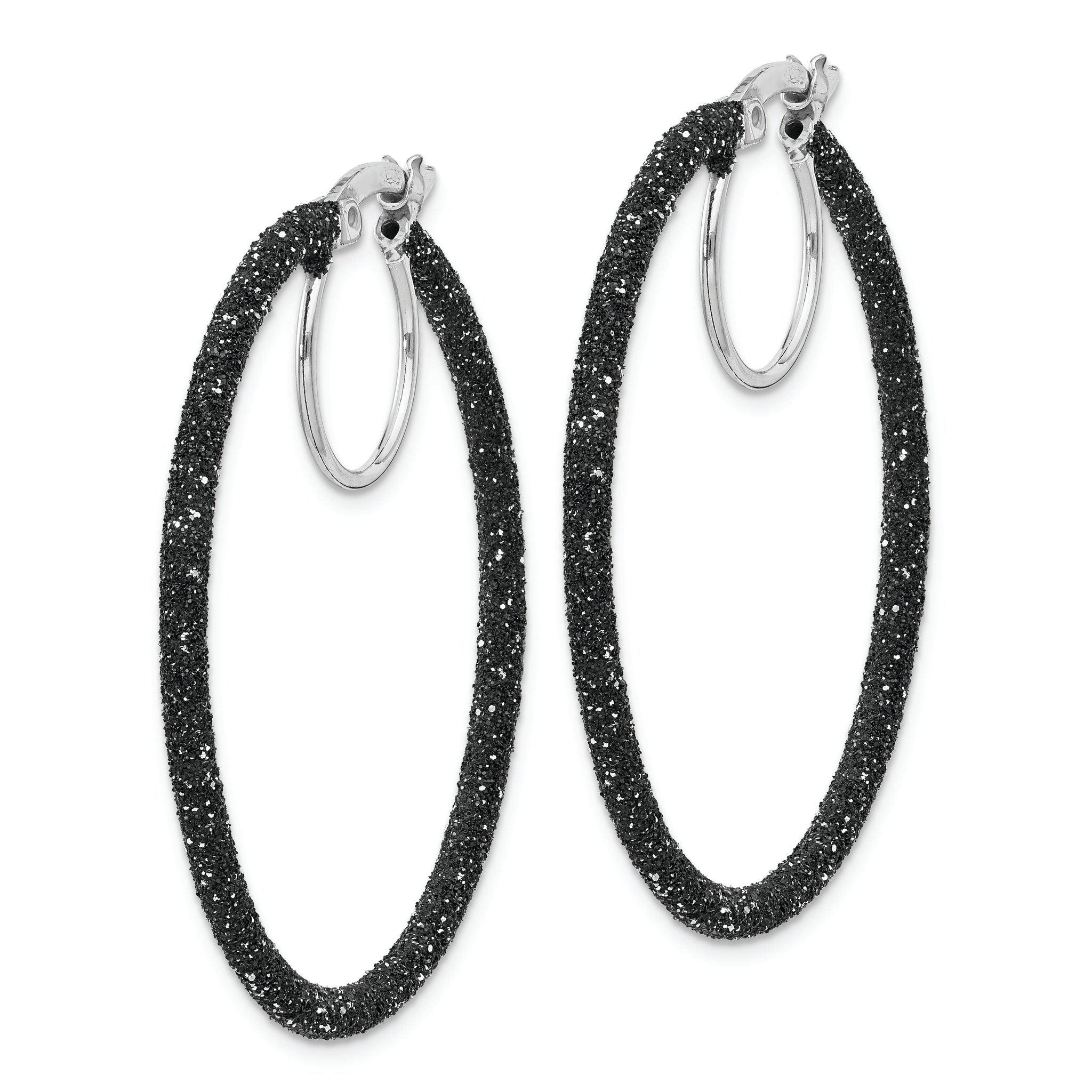 Sterling Silver Rhodium/Black Glitter Enamel 2x35mm Hoop Earrings Secondary image
