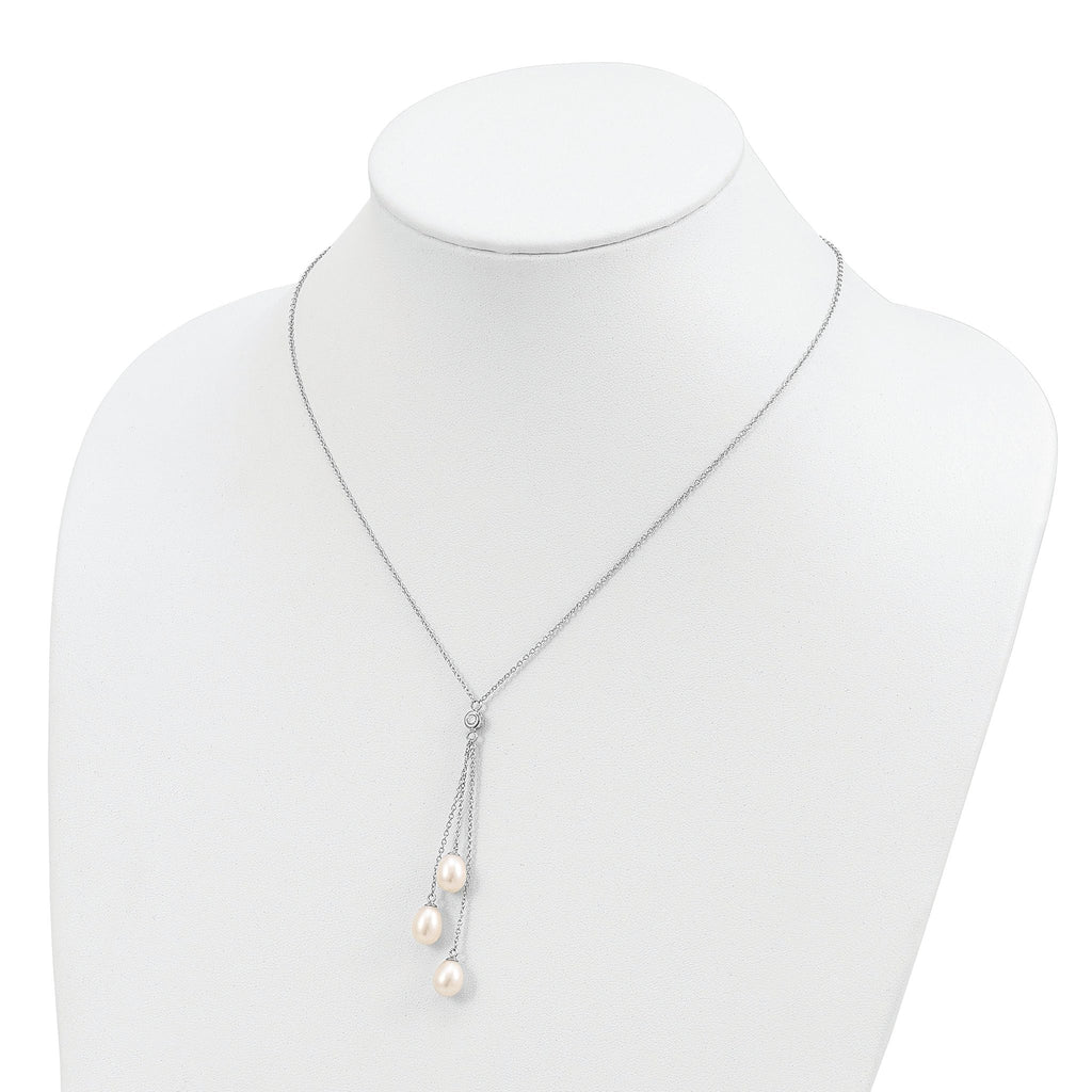 Sterling Silver Rhodium-Plated Pearl CZ Drop Necklace with Elegant Finish