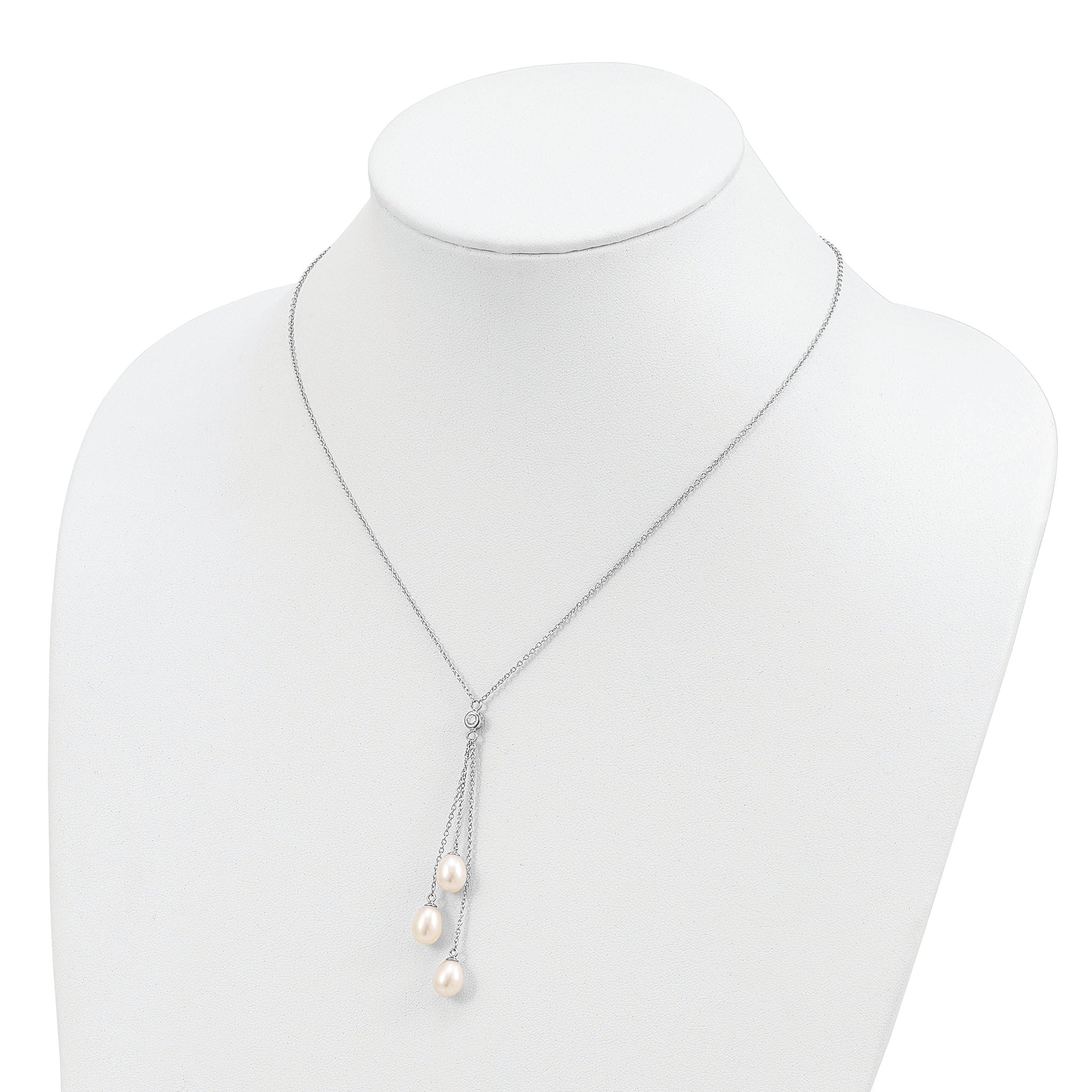Sterling Silver Rhodium-Plated Pearl CZ Drop Necklace with Elegant Finish