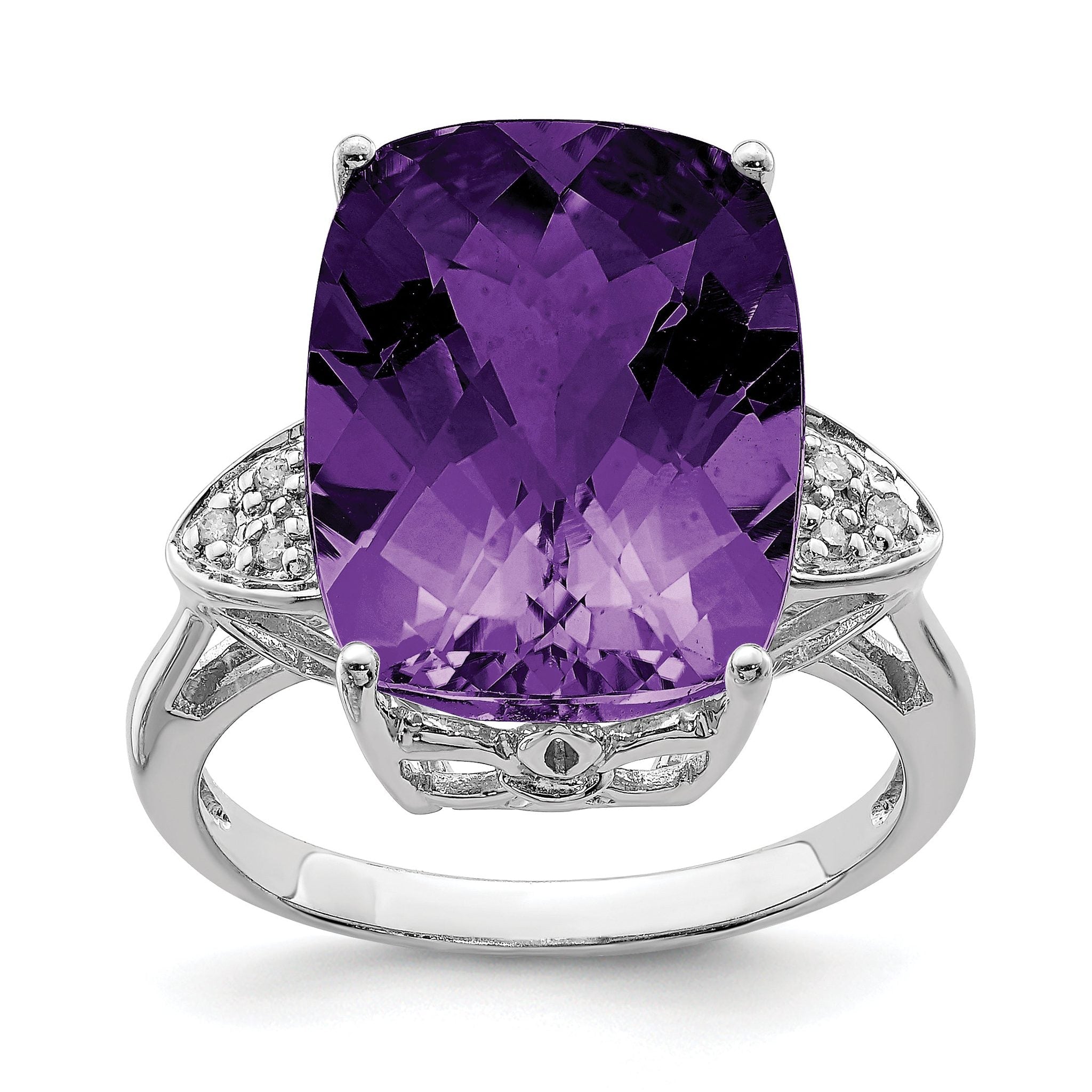 Sterling Silver Rhodium-Plated Checker-Cut Amethyst & Diamond Ring
