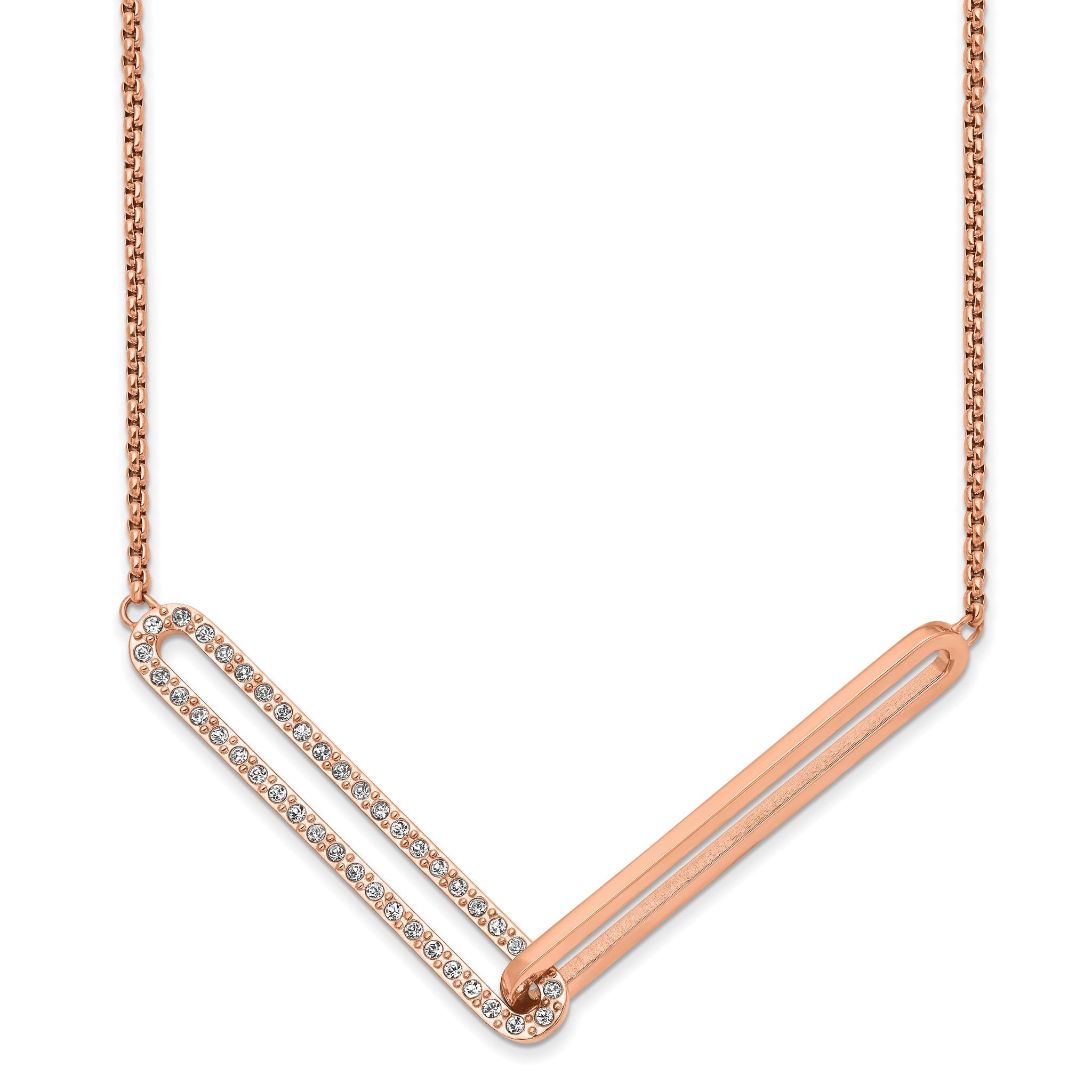 Chisel Stainless Steel Polished Rose IP-plated with Crystal Interlocking Bars on a 16 inch Box Chain Necklace Main image